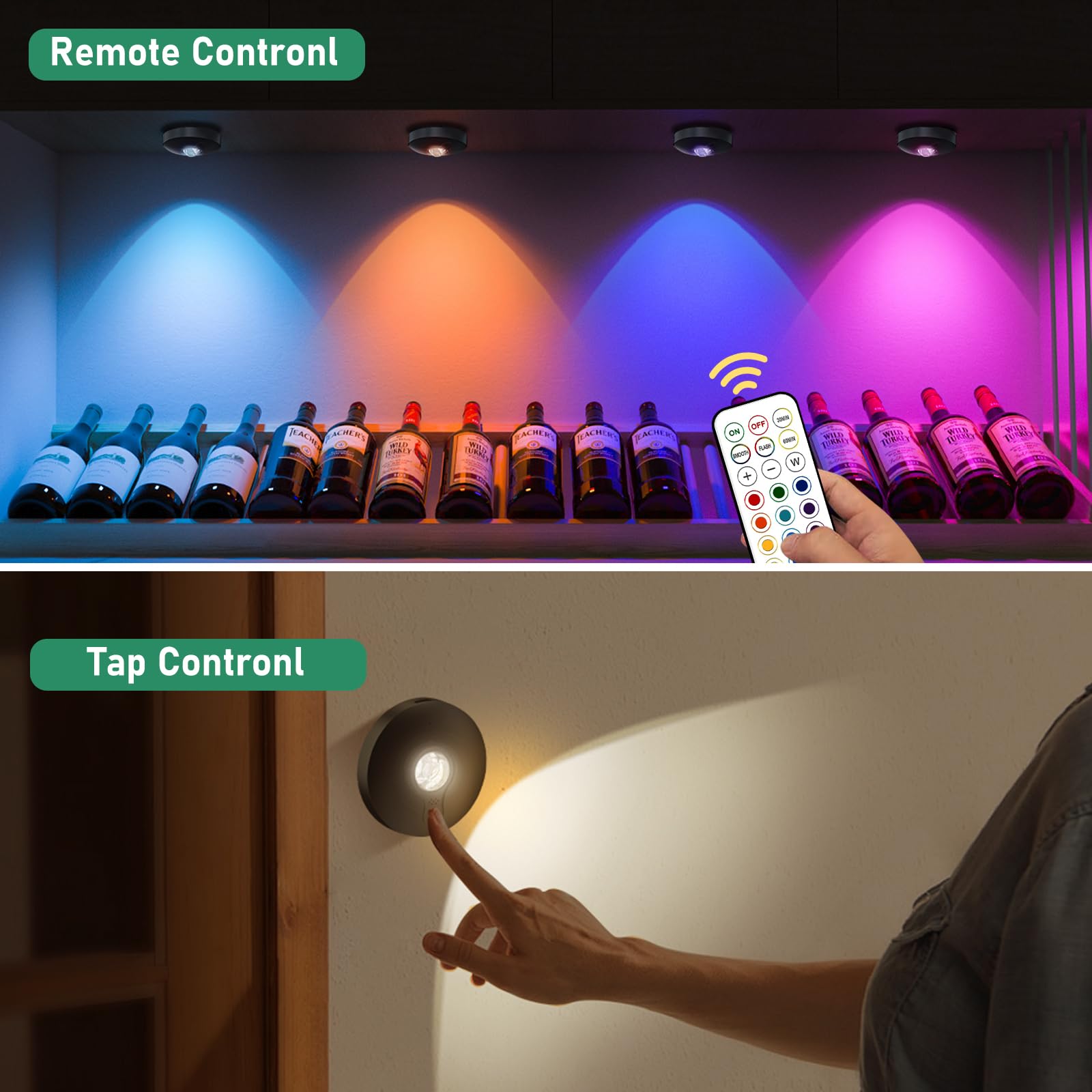 Unusroom Rechargeable Puck Lights Led Under Cabinet Counter 2000Mah Battery Operated Tap Stick On Lights Touch&Remote Controls Dimmable Wireless Closet Light For Kitchen (Black-13Color  6)