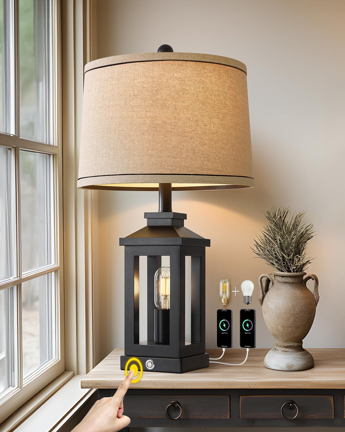G-SAFAVA Retro Farmhouse Black Table Lamp with USB Ports, Touch Control, Set of 1, Vintage Modern Design