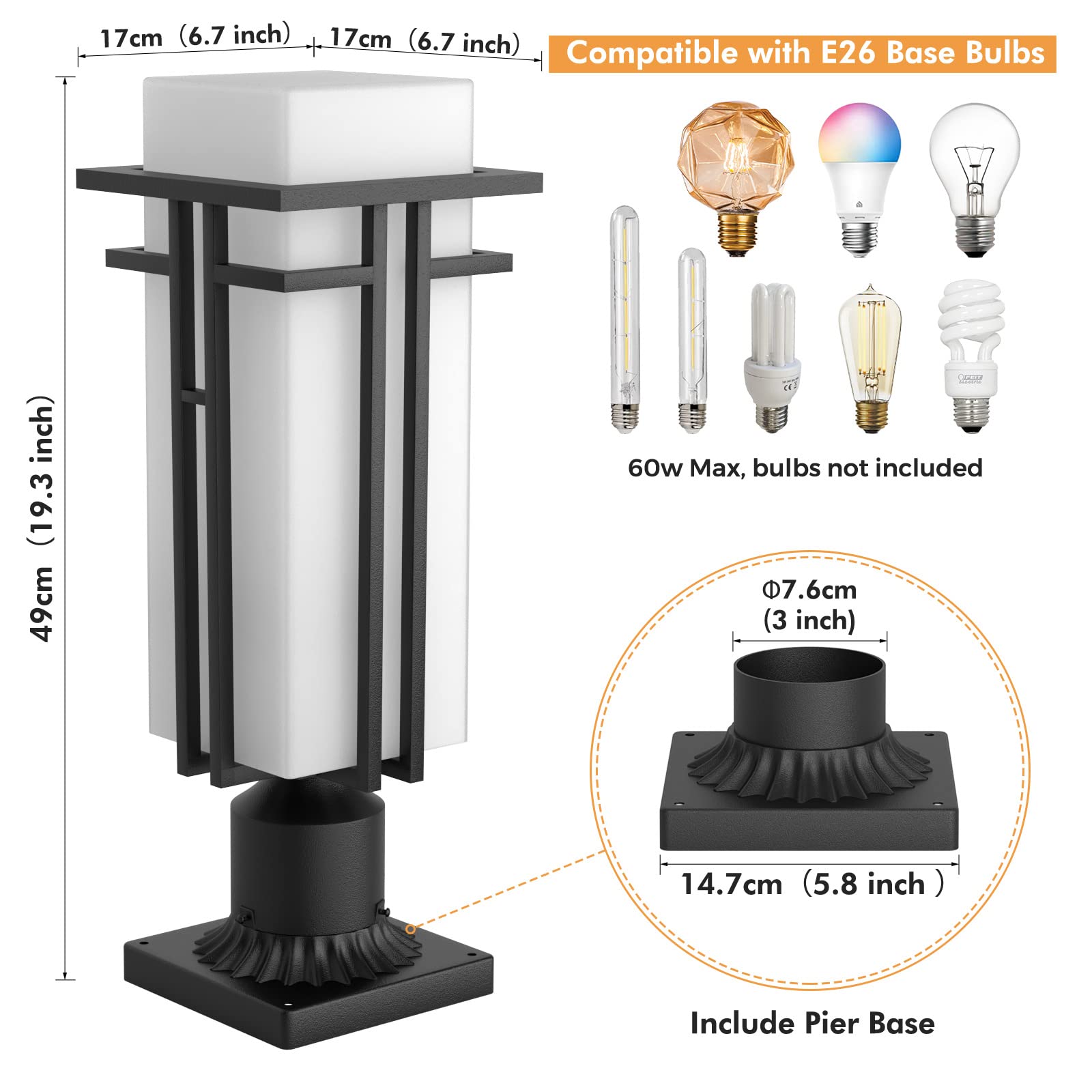 Yoenecea Outdoor Post Light Fixture - Aluminum Lamp Post, 19.3''H, Black and Milk White, Model YX-ZD01, 3-Inch Pier Mount Base