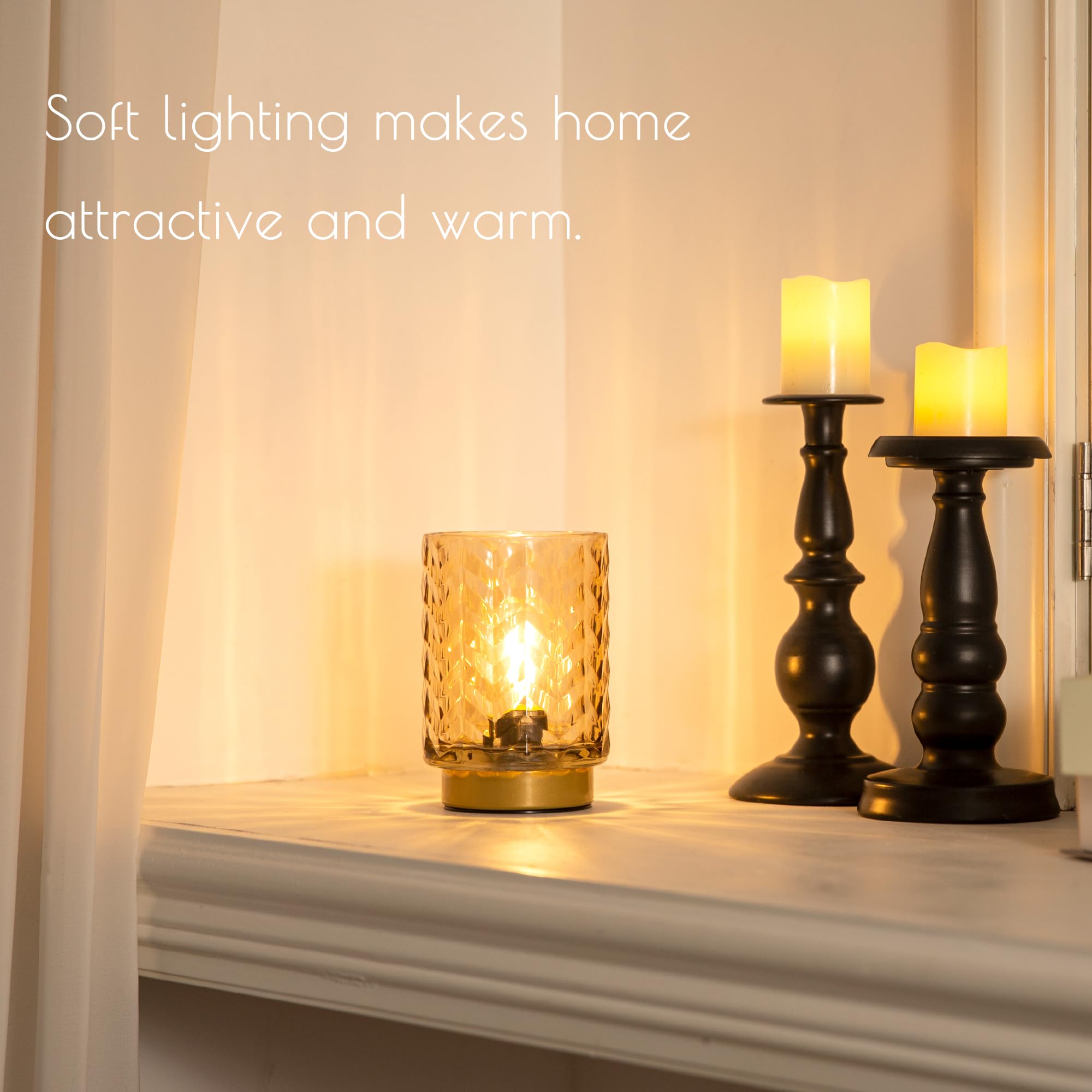 LUSHARBOR Battery Operated Table Lamp with LED Bulb, Glass, Wave-Amber, Model K230007B-AM