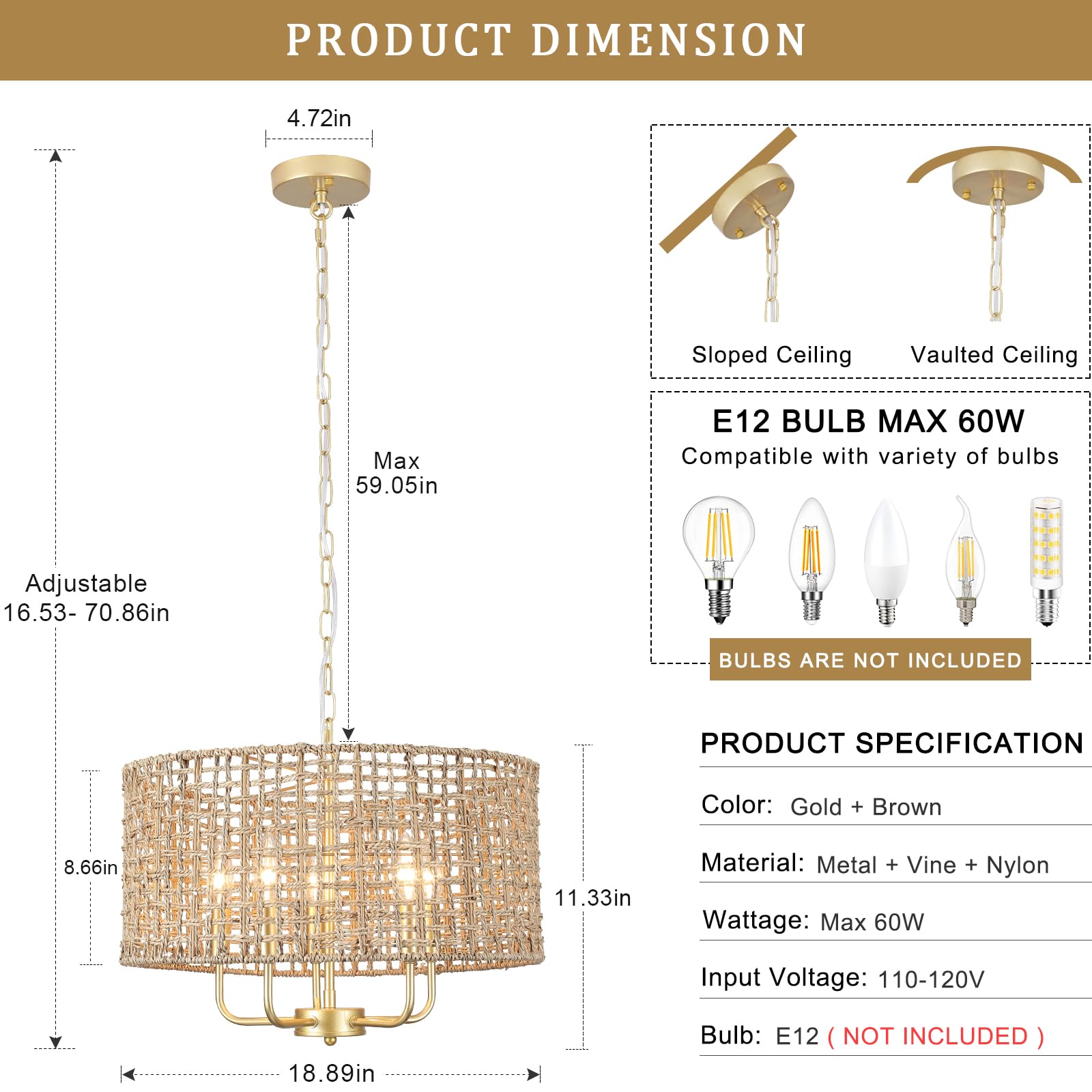 Hand Woven Rattan Chandelier 5 Lights Large Gold Farmhouse Chandelier With Wicker Shade Rustic Boho Pendant Light Fixtures Drum