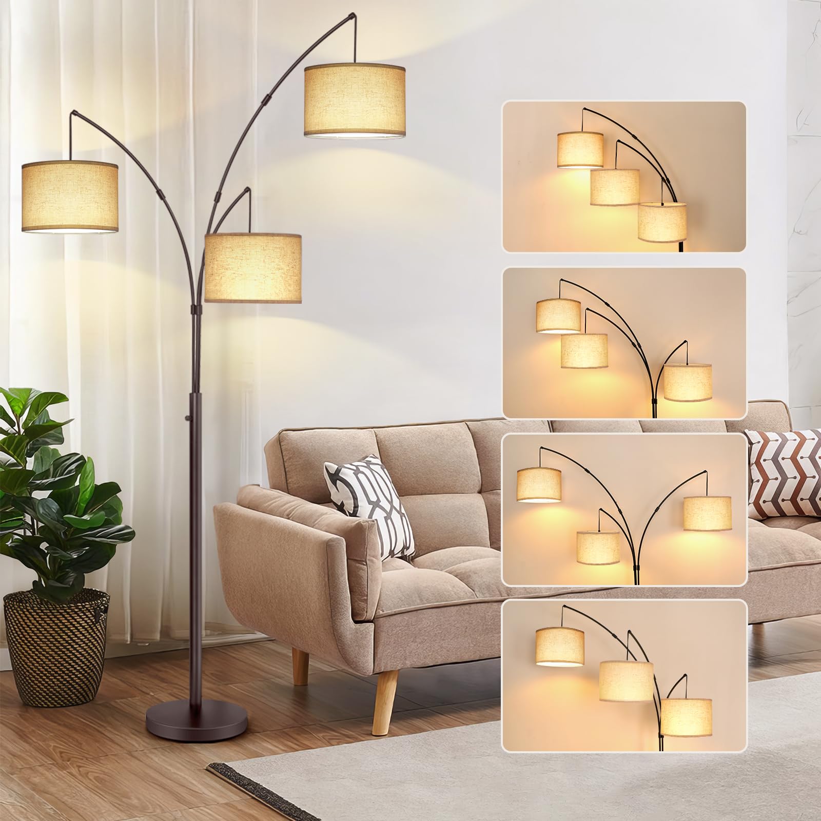 Outon Tall Arc Floor Lamp - Adjustable, Modern, 3-Light Arched Lamp For Bedroom, Office, And Living Room, 2400Lm Mid Century Des