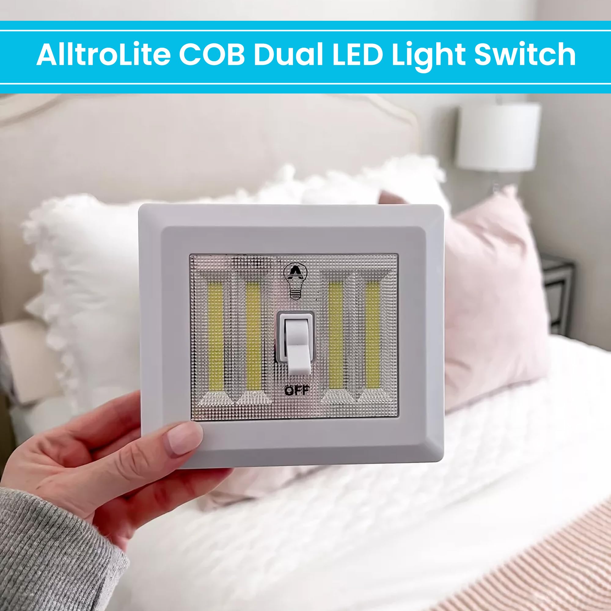 AlltroLite LED Closet Light Switch - 400 Lumen Wireless COB Night Light, XL White, Battery Powered, Model 08-1714, Stick-On Magnetic Design