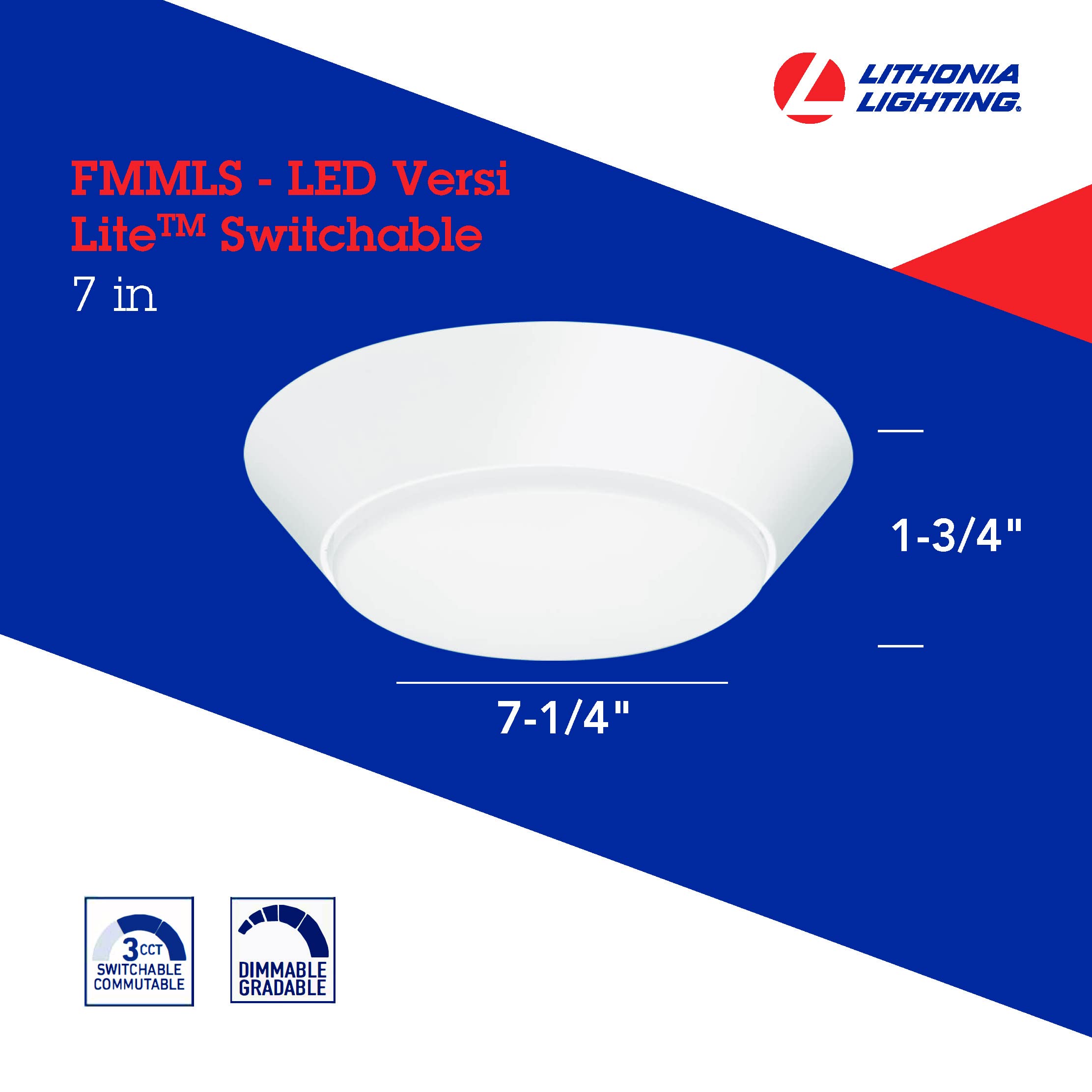 Lithonia Lighting LED Flush Mount Ceiling Light, 7" Round, Dimmable, 3-in-1 Switchable White, Aluminum, White, Model FMMLS 7 SWW2 M6