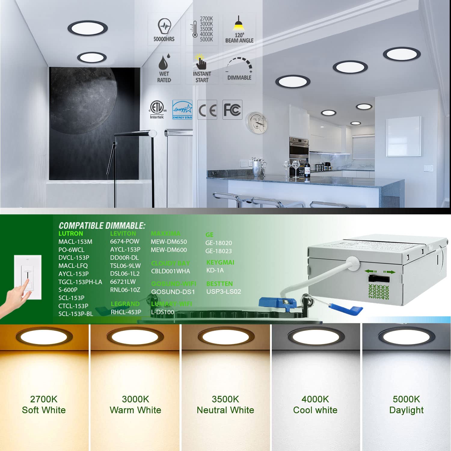 zouzai 6 Inch Ultra-Thin LED Recessed Ceiling Light, 5CCT Dimmable, Black, 12W Equivalent, ETL & Energy Star Certified, 6 Pack