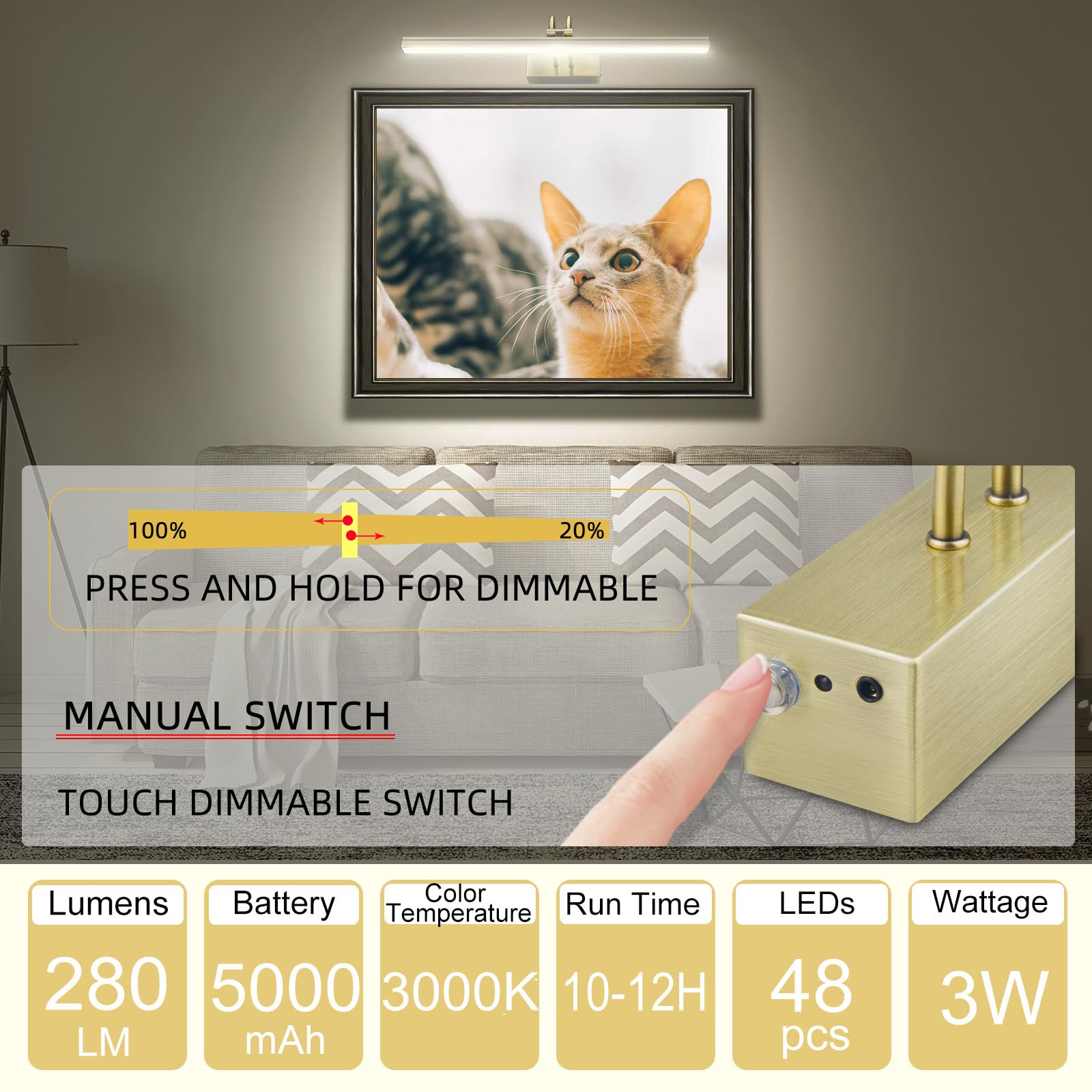 Funchday Picture Light, Wireless Rechargeable Gallery Lights With Remote, 280Lm 48 Led Dimmable Painting Lighting, 16In Battery