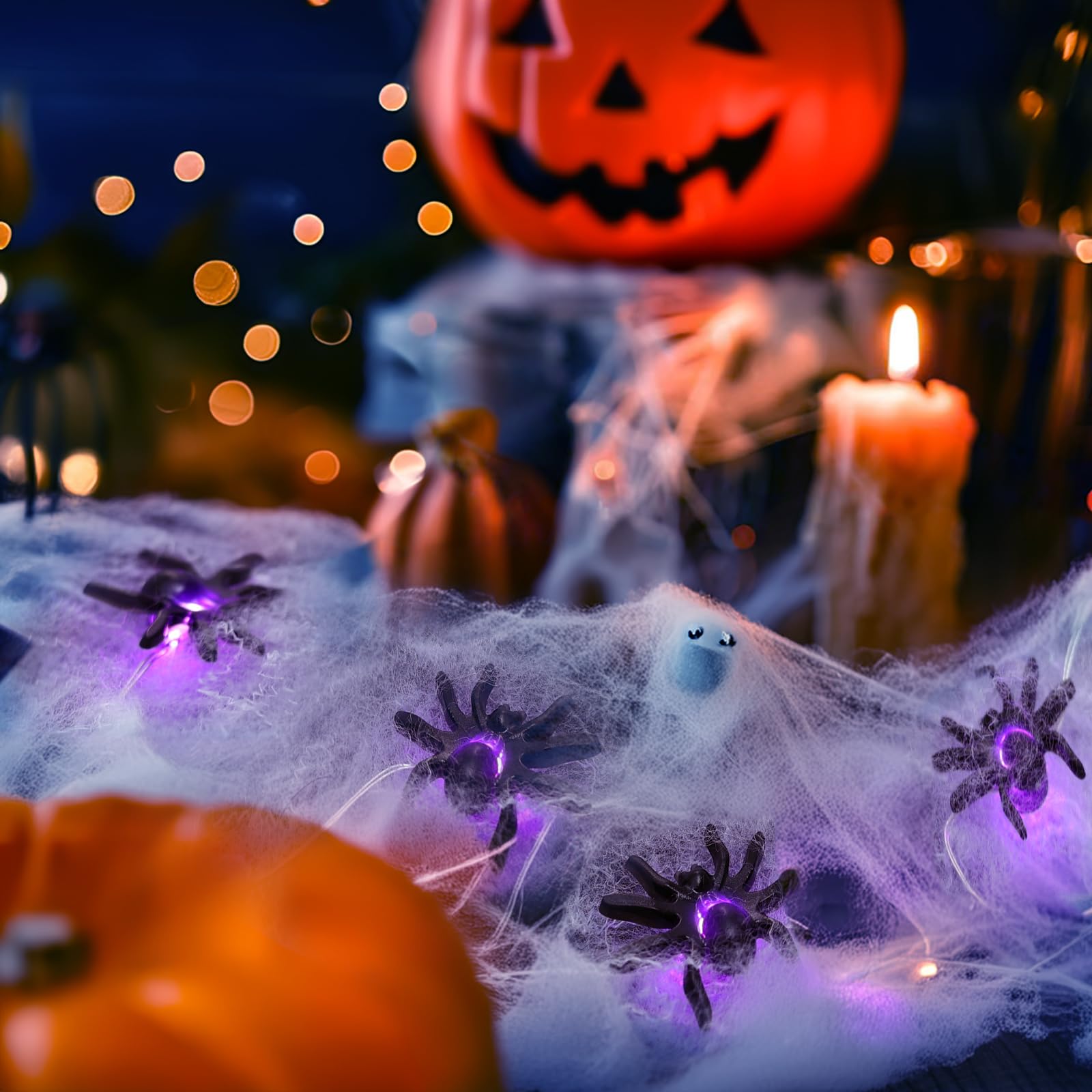 Spider String Lights for Halloween Decoration, 16.5Ft Copper Wire String Lights with 50LED Purple Lights and Little Black Spider