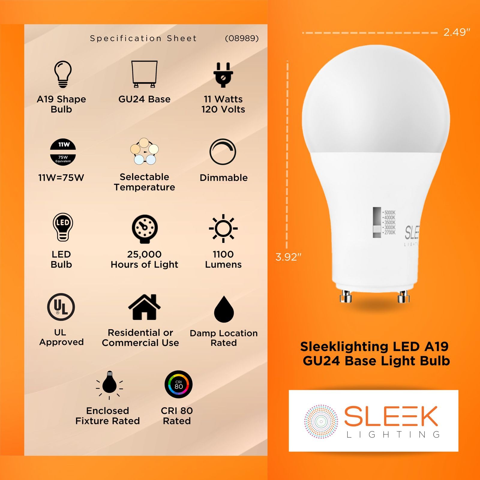 Sleeklighting | 11W, 75W Eq, Gu24 Base Led 2 Prong Light Bulbs, Ul Approved, 120V, Mini Twist Lock, 5Cct (2700K-5000K) Dimmable
