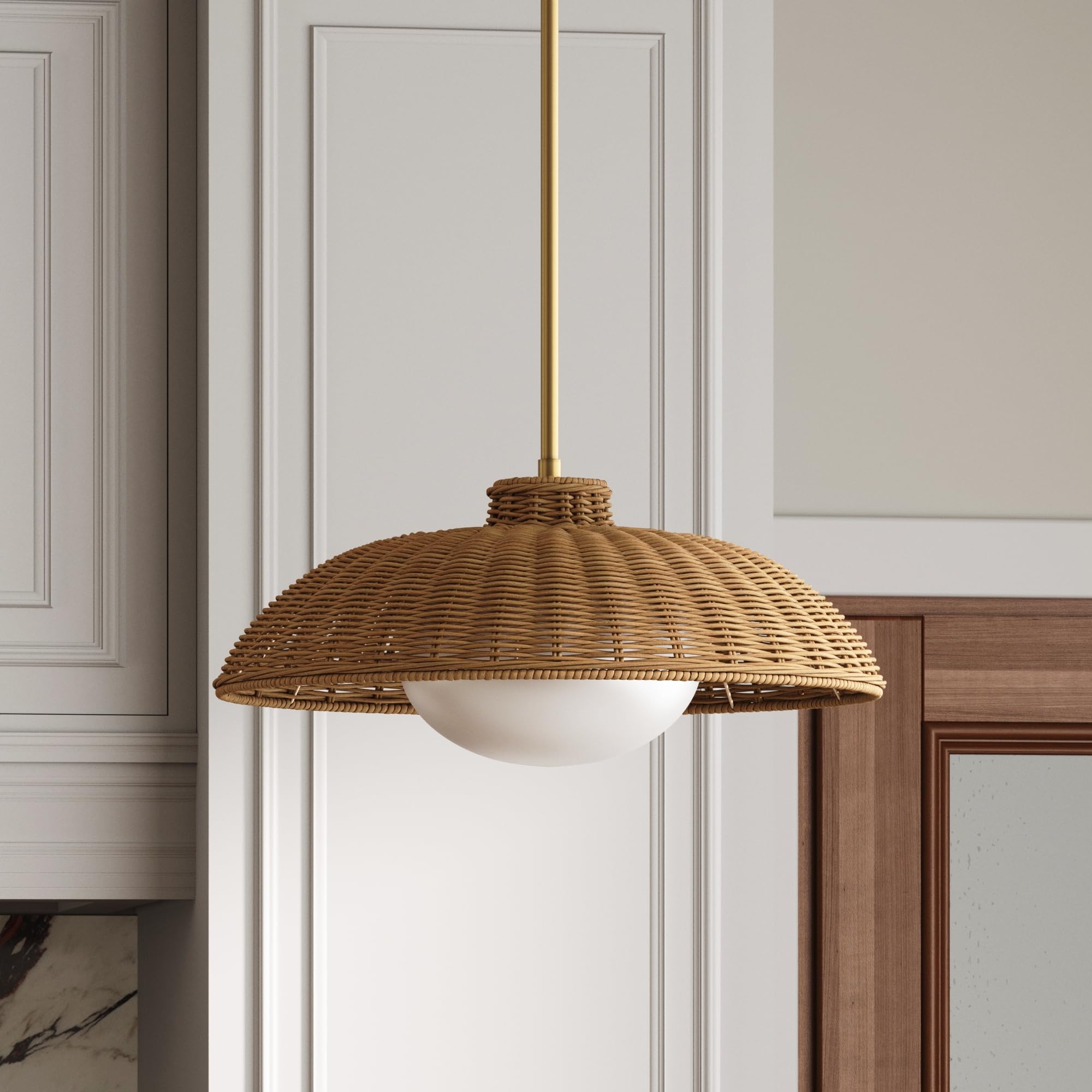 Nathan James Belleville Boho Rattan Pendant Light with Diffuser, Sloped Ceiling Pendant Light with Rattan Shade and Glass Diffus