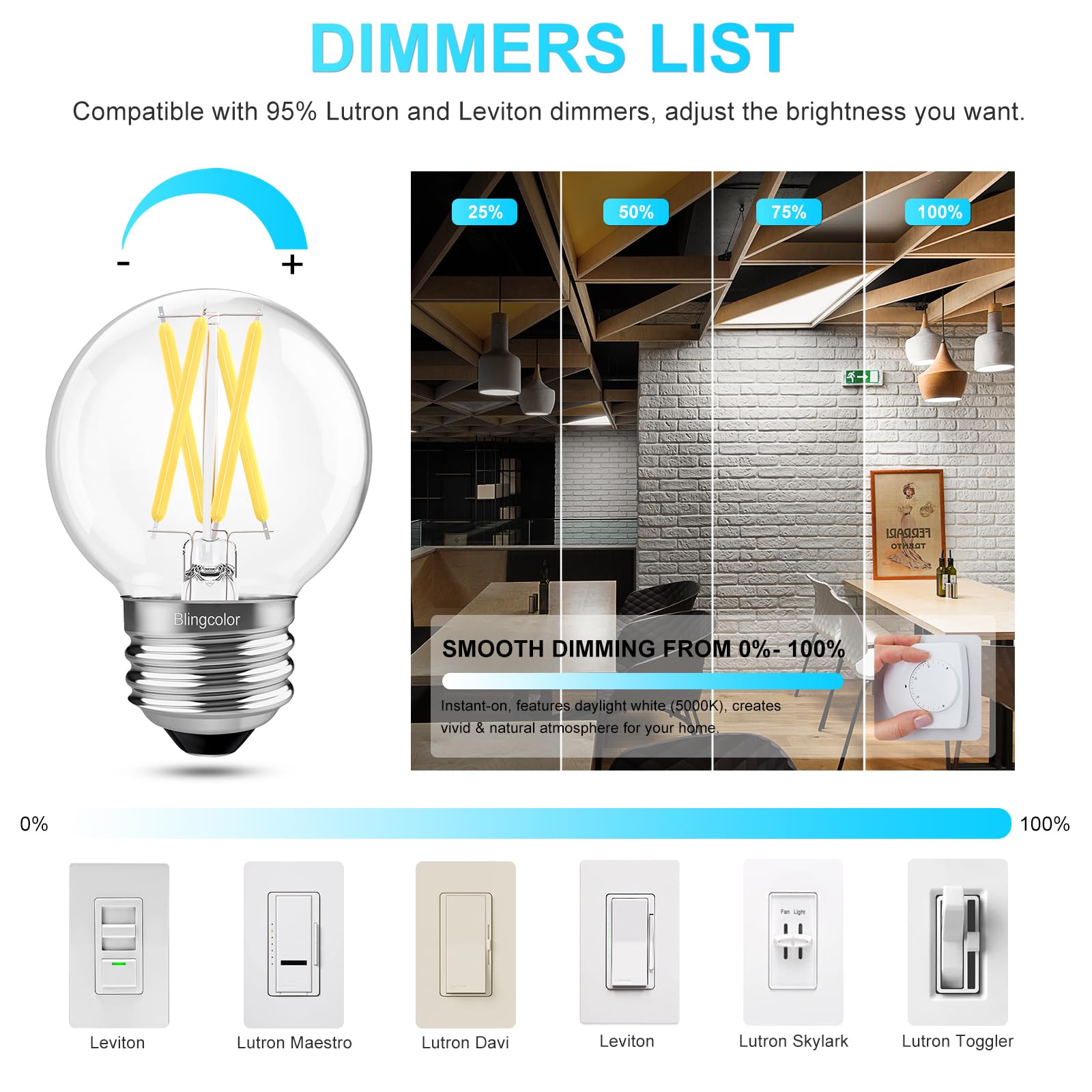 BLINGCOLOR 6W E26 LED Light Bulbs - 6 Pack Dimmable G16.5, Daylight 5000K, Glass, 600lm, CRI80+,