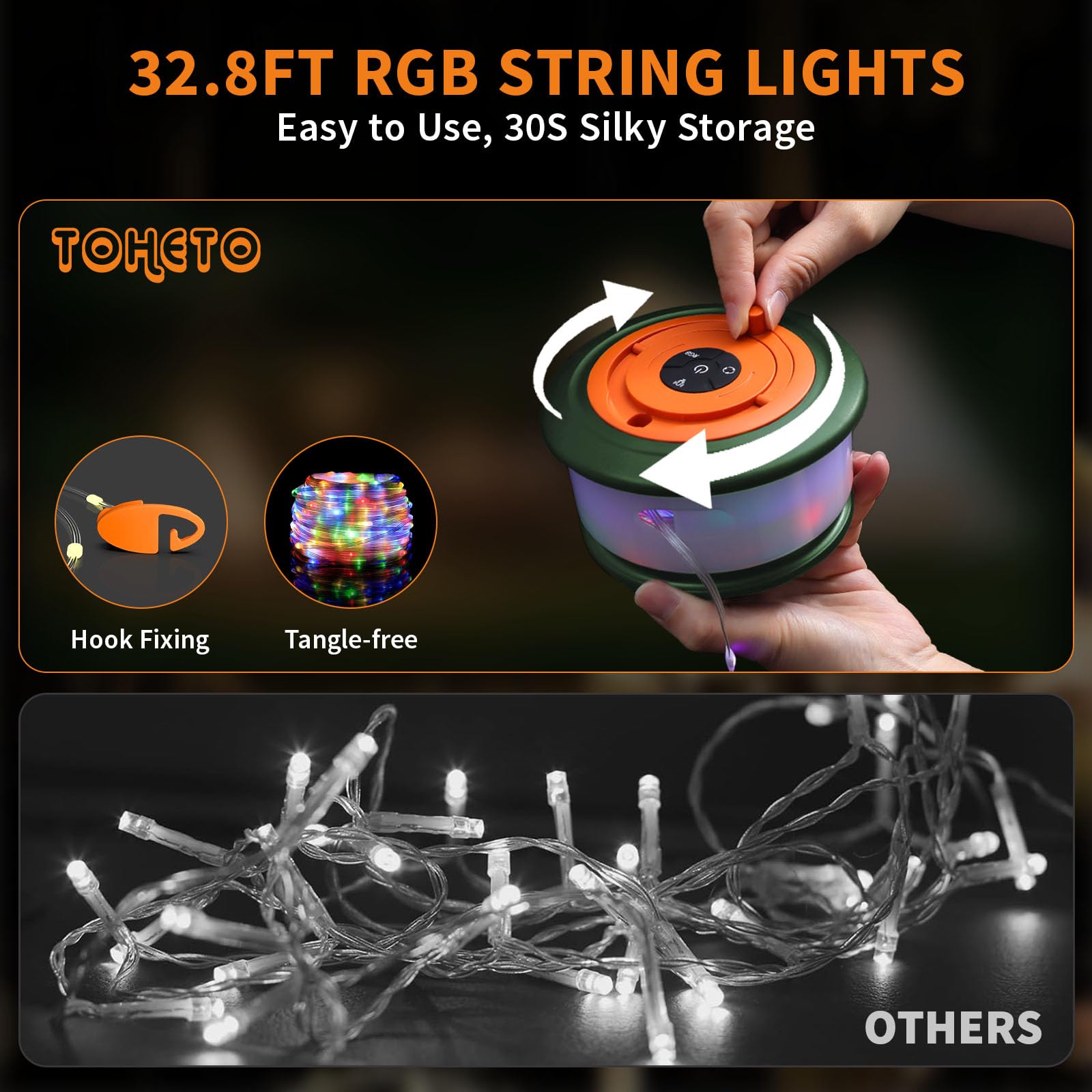TOHETO Camping String Lights, 3-in-1 RGB Lantern, 32.8 FT, 19 Modes, Rechargeable, Green & Orange, Model JSK-L26