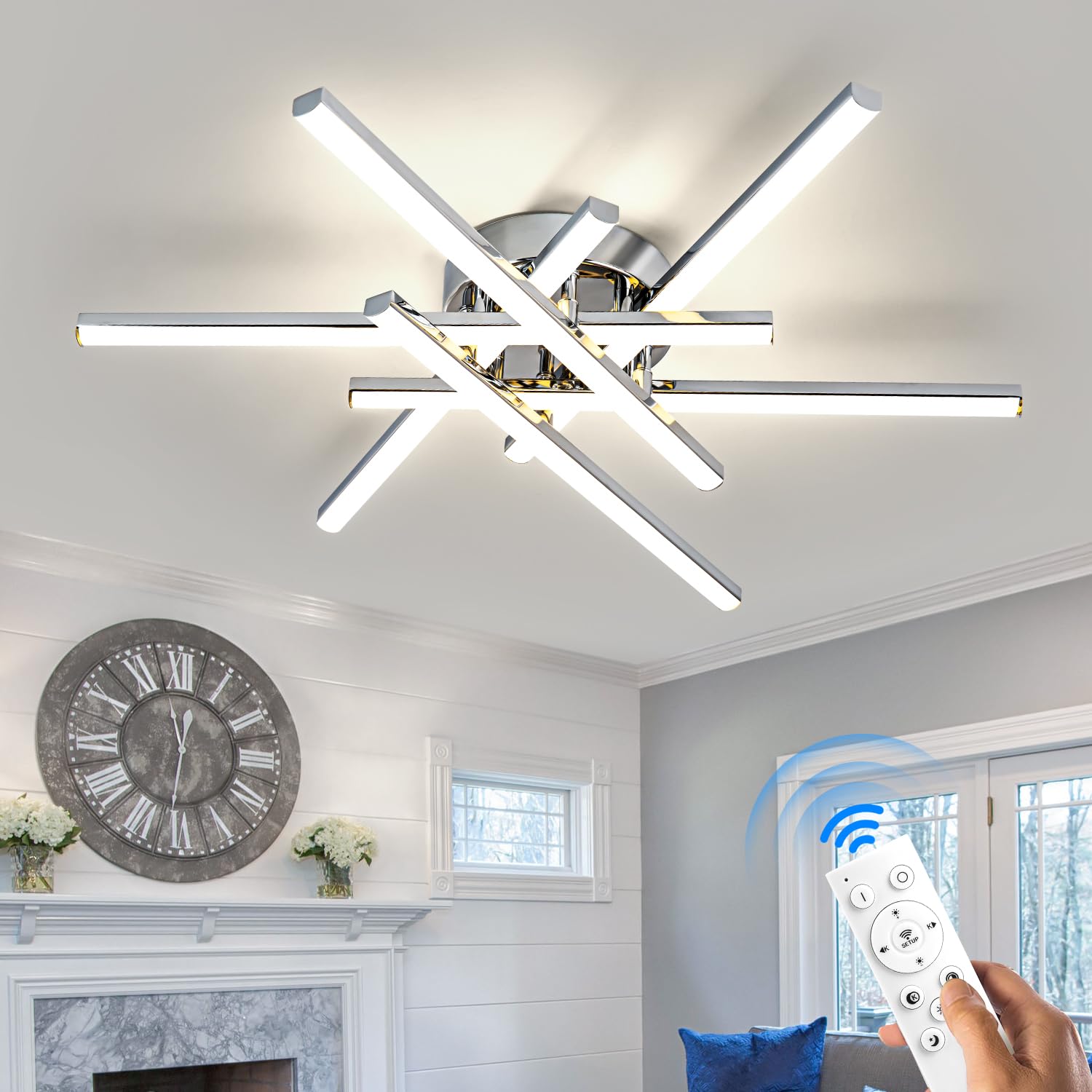 JFHTNFJ Modern Sputnik Ceiling Light Fixture 52w LED Dimmable with Remote Control Ceiling Lighting Black Flush Mount Chandelier