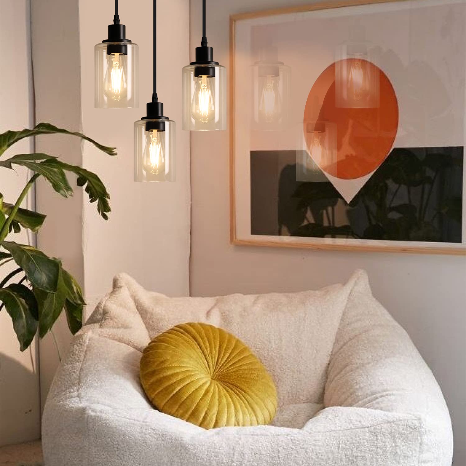 MAXvolador 3-Light Pendant Light Fixture, Adjustable Hanging Lamp, Clear Glass Shade, E26 Base, Black, Model OMTZT-013
