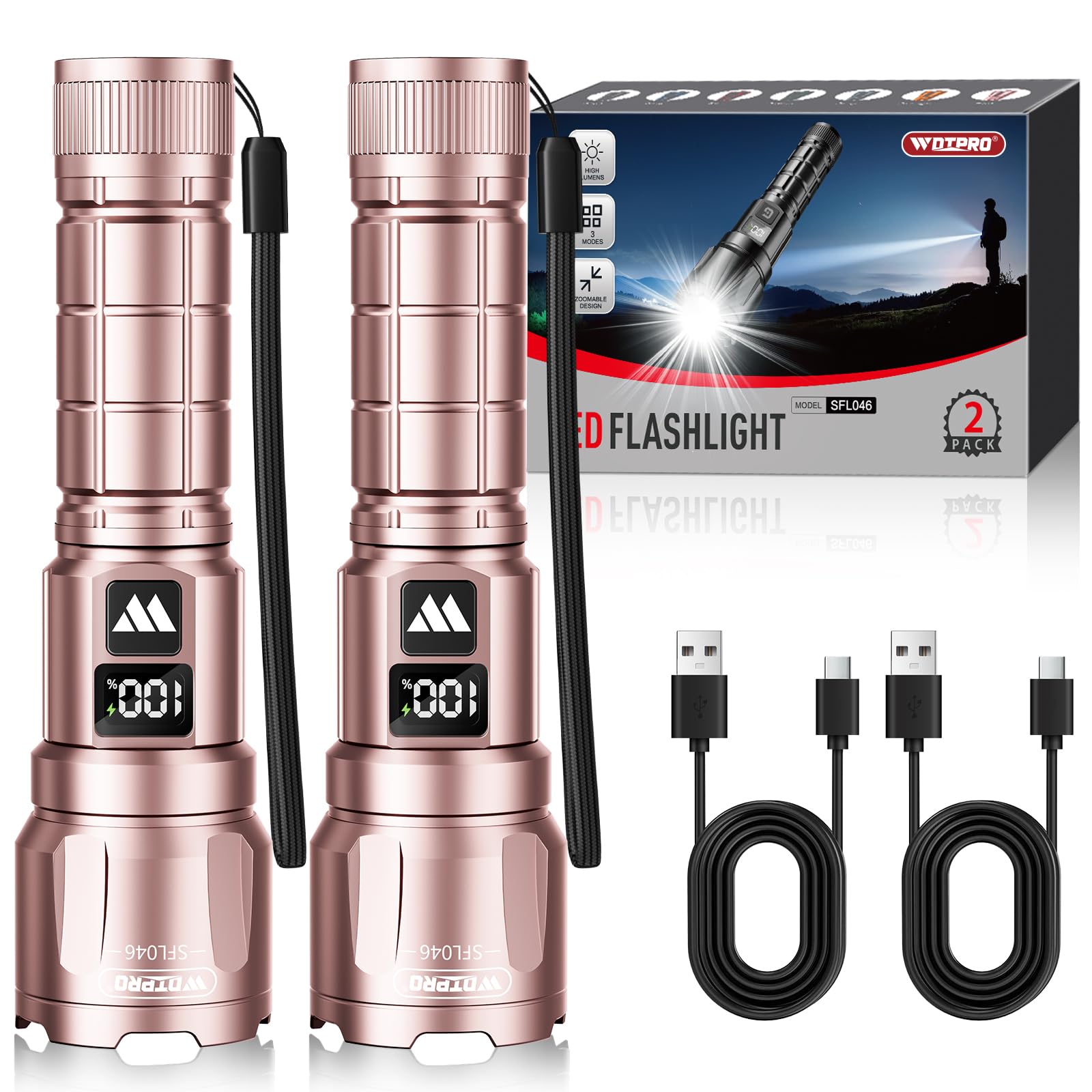 WdtPro LED Rechargeable Flashlight 2 Pack  Super Bright Zoomable 6000 Lumens Tactical Flashlight with LCD Digital Display  3 Mode Waterproof Flash Light for Camping  Hunting & Home Emergency - Pink