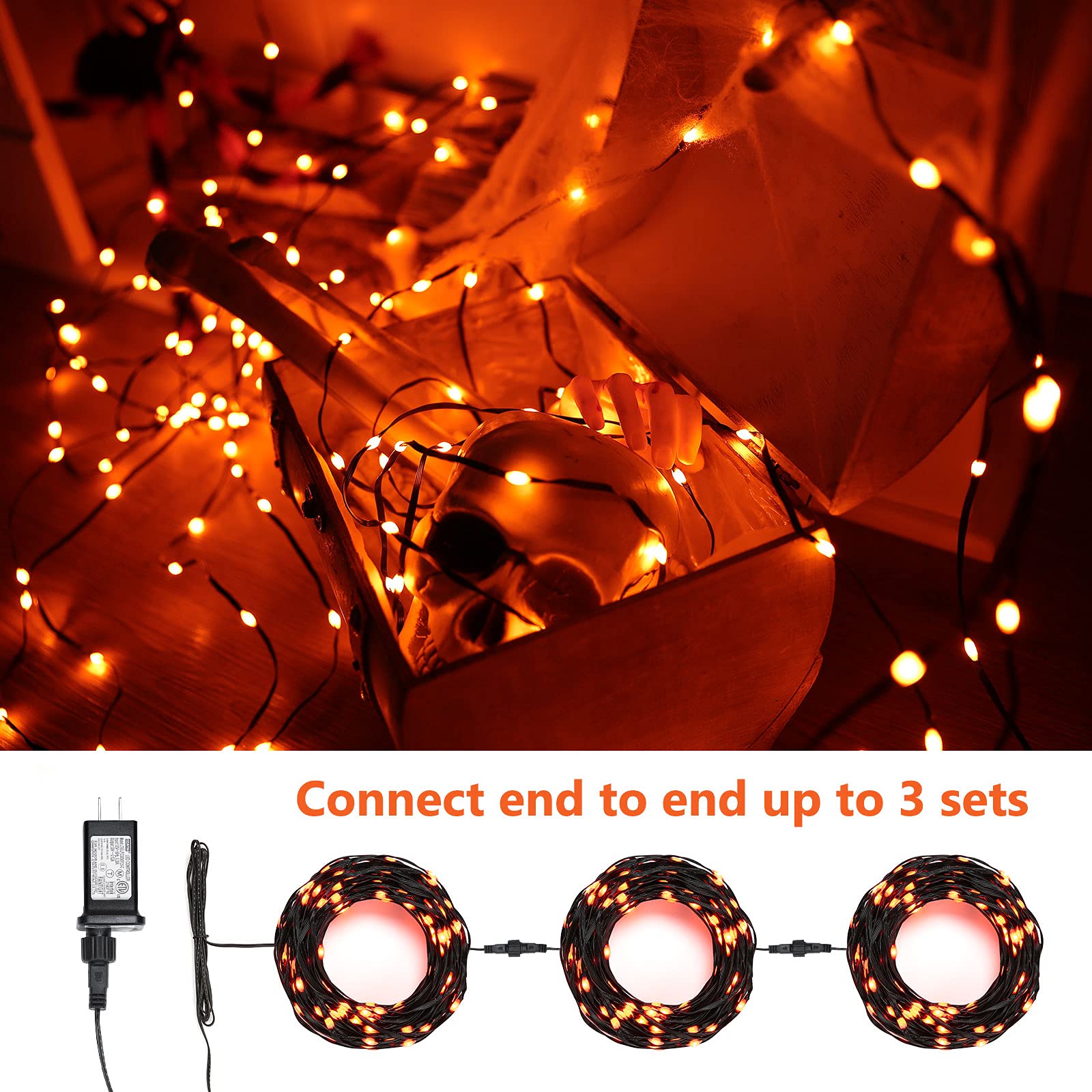 Brizled Halloween Lights, 72ft 200 LED Orange String Lights, 8 Modes, Black Wire, Indoor/Outdoor, Model FTC-200OCL-30
