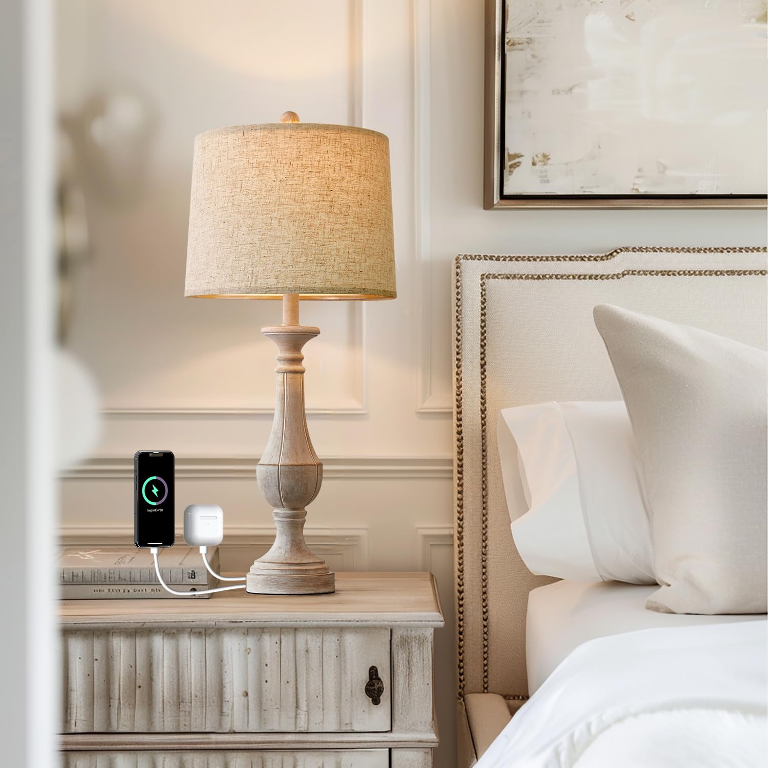 PoKat Table Lamp with 2 USB Ports, Distressed White, Mid Century Design for Living Room or Bedroom, 27.25 inches