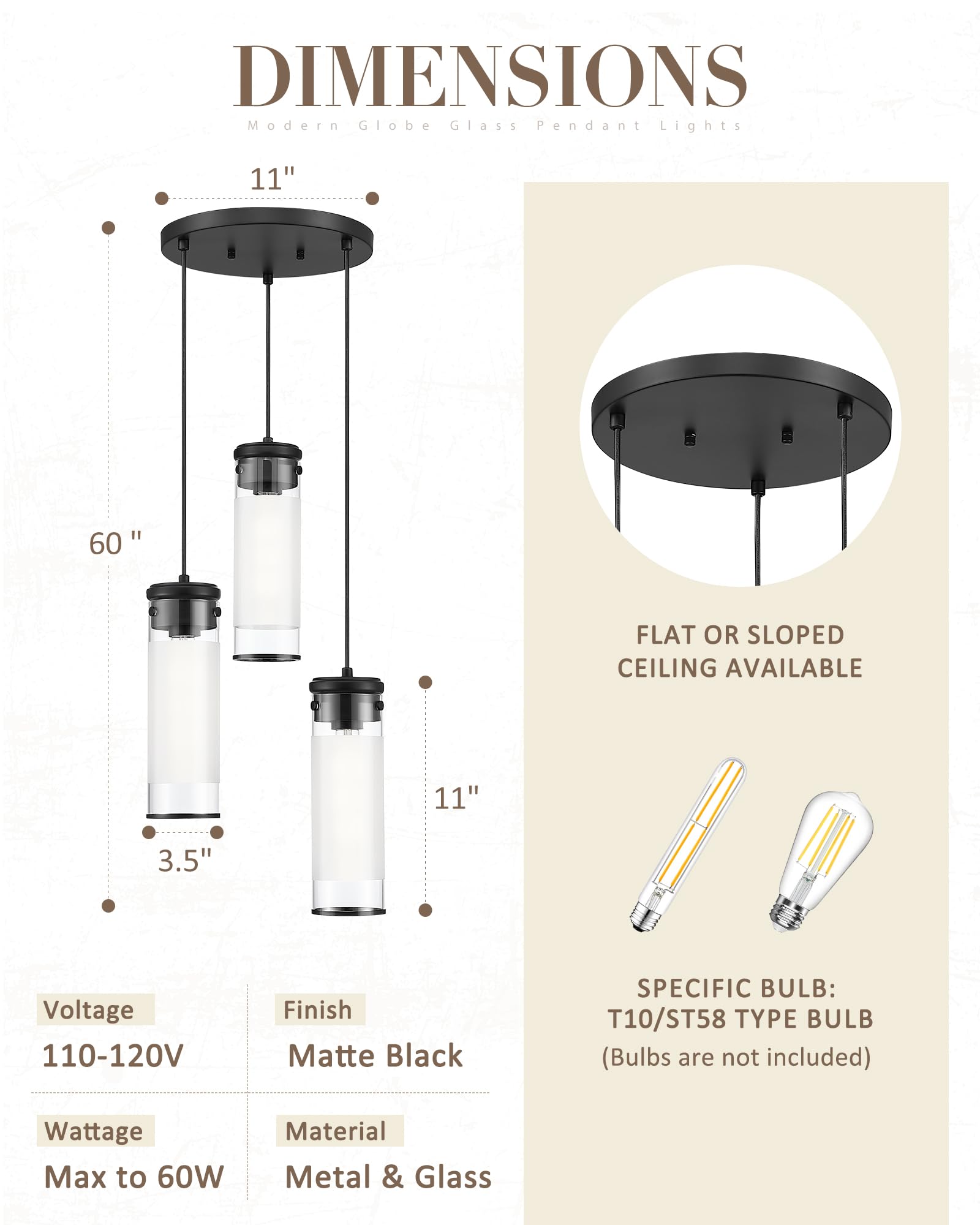 Jazava Cluster Pendant Light, Black Hanging Light Fixture, 3-Light Cylindrical Kitchen Island Lighting For Dining Room Living Ro
