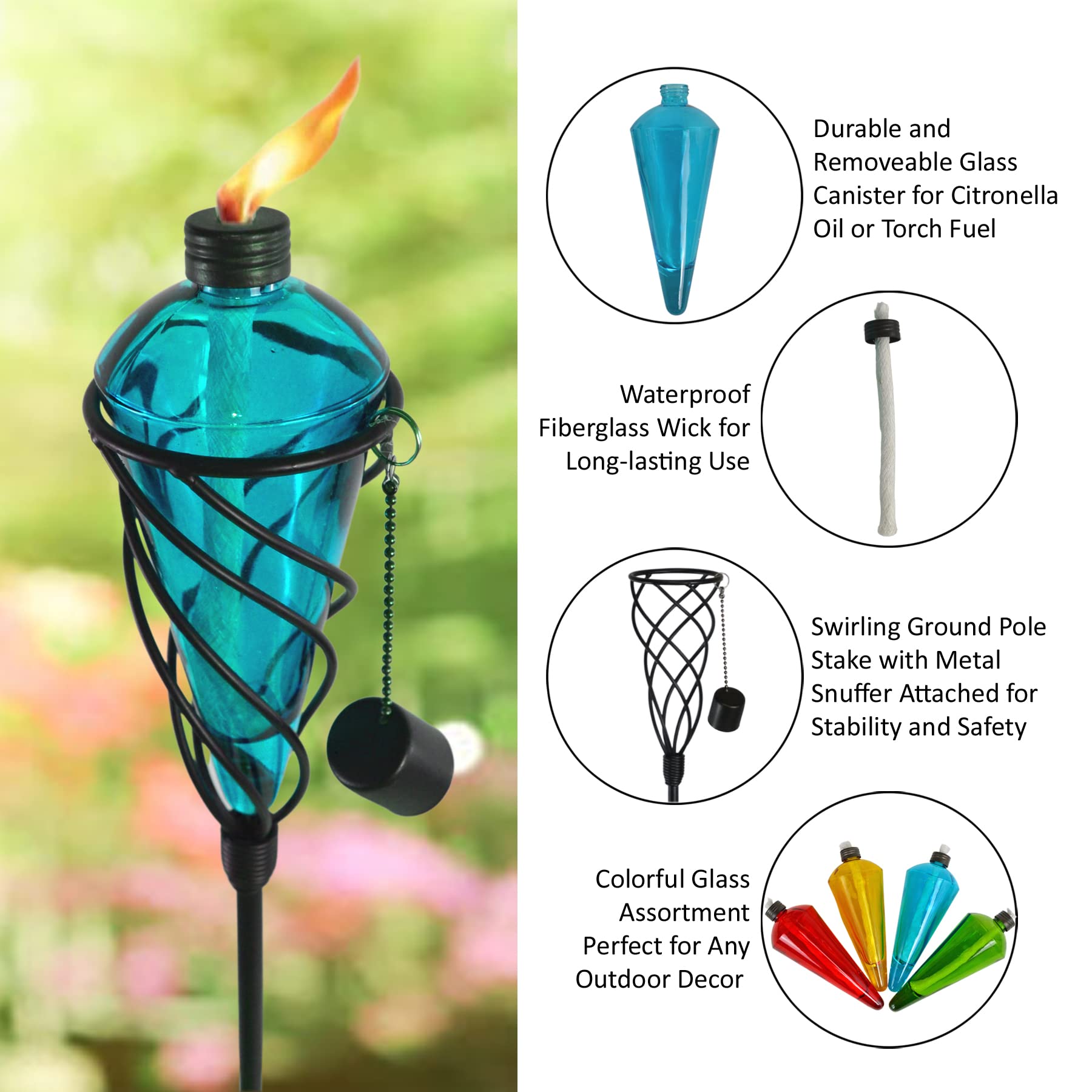 Westcharm 4 Pack Glass Garden Torch Lights - 60" Green Metal, Citronella Fuel, Outdoor Lighting for Patios and Gardens, Model GD10872