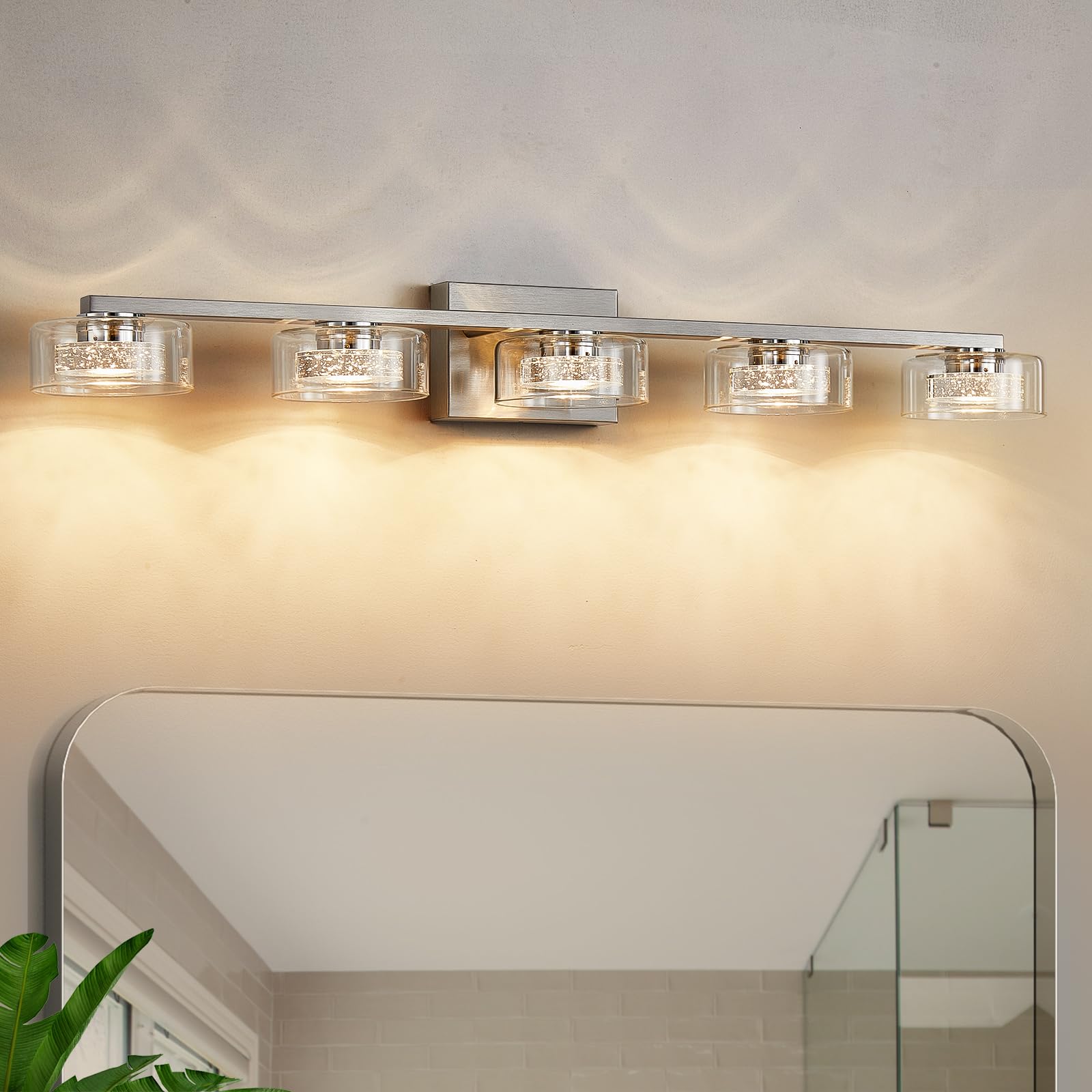 Zhizenl Bathroom Light Fixtures, Dimmable Led 5 Light Bathroom Vanity Light Over Mirror, Modern Crystal Brushed Nickel Vanity Lights With Clear Glass Shade For Bedroom Living Room