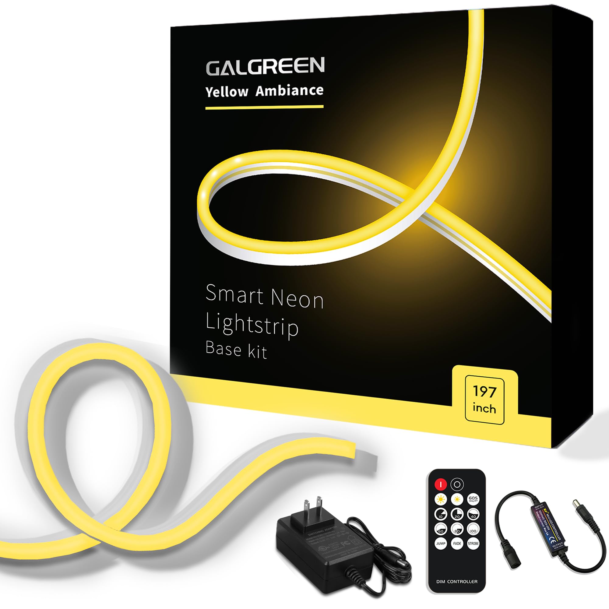 Galgreen Neon Rope Lights, 16.4ft Waterproof LED Strip, Dimmable Remote, Flexible Silicone Rubber, Yellow, Model ST-TING-L167