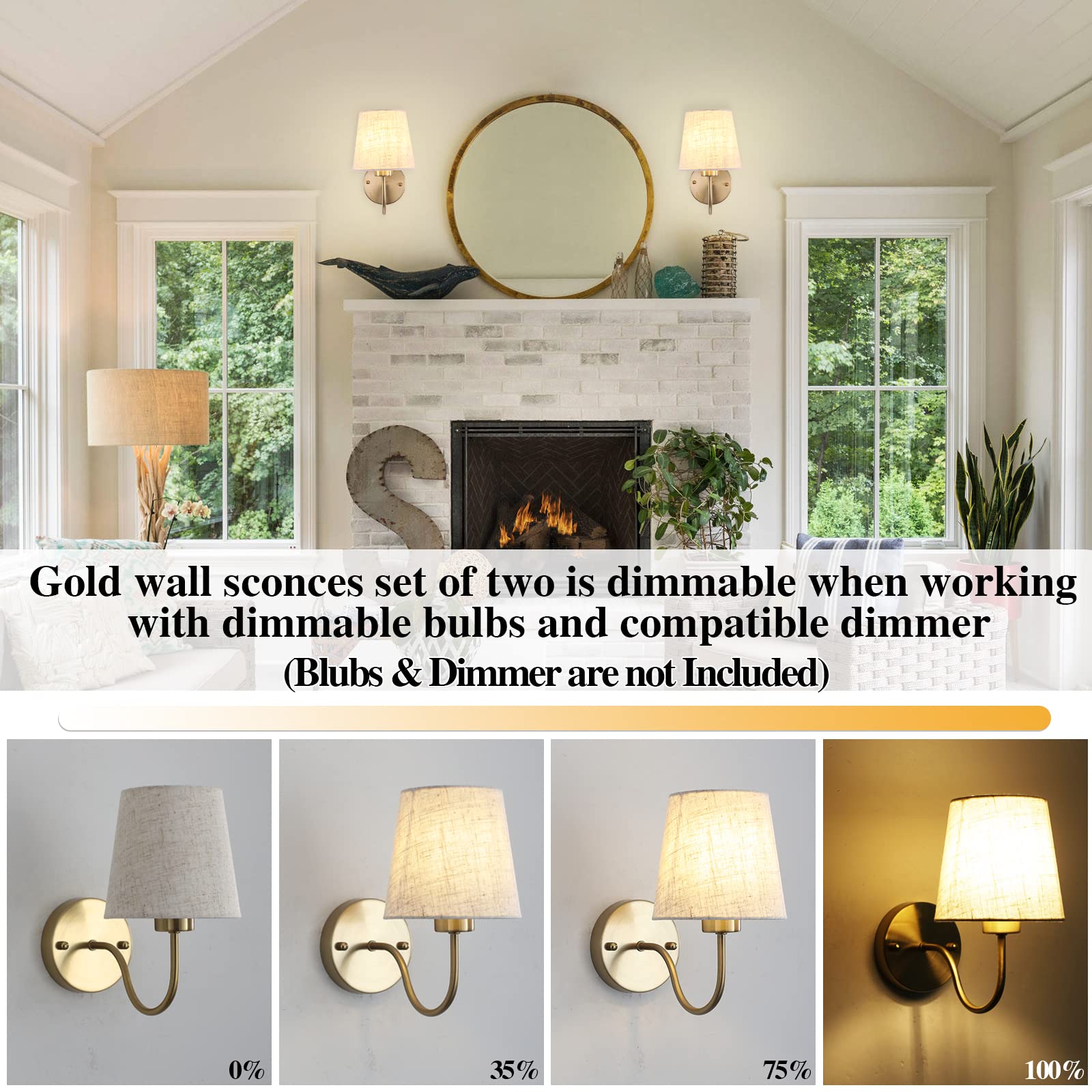 Lasenchoo Gold Wall Sconces Set Of Two, Modern Fabric Lampshade Lighting For Bedroom & Hallway