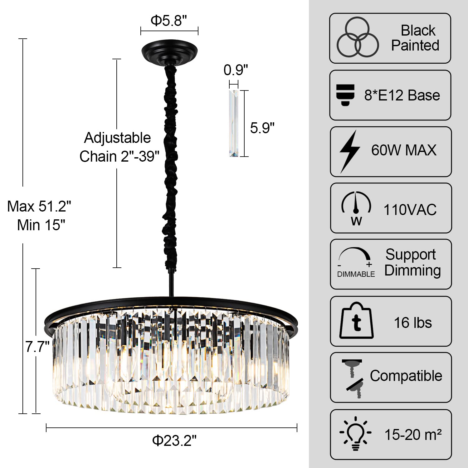 lighceac 23" 8-Light Modern Crystal Chandelier - Black Metal 2-Rings Pendant Lighting for Dining Room, Living Room, Kitchen, Bedroom
