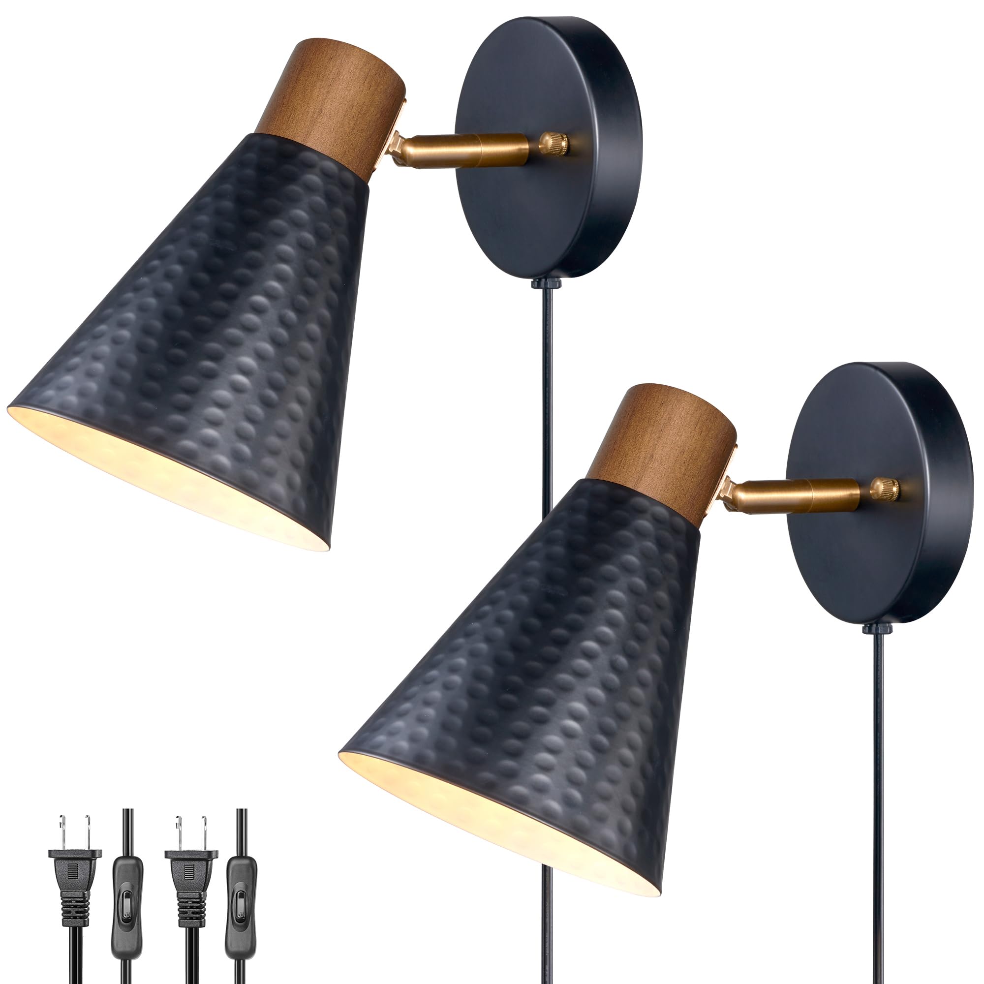 Black Plug In Wall Sconces Set Of 2, Modern Wall Light With Plug In Cord, Wooden Plug In Wall Lamps With Hammered Metal Shade, Corded Wall Sconce Light Plug In For Bedroom, Living Room, Hallway