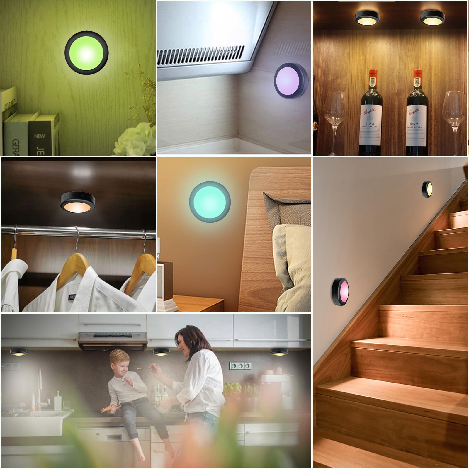 Yiliaw LED Puck Lights 12 Pack with Remote Control, 16 Color Changeable, Battery Operated, Black