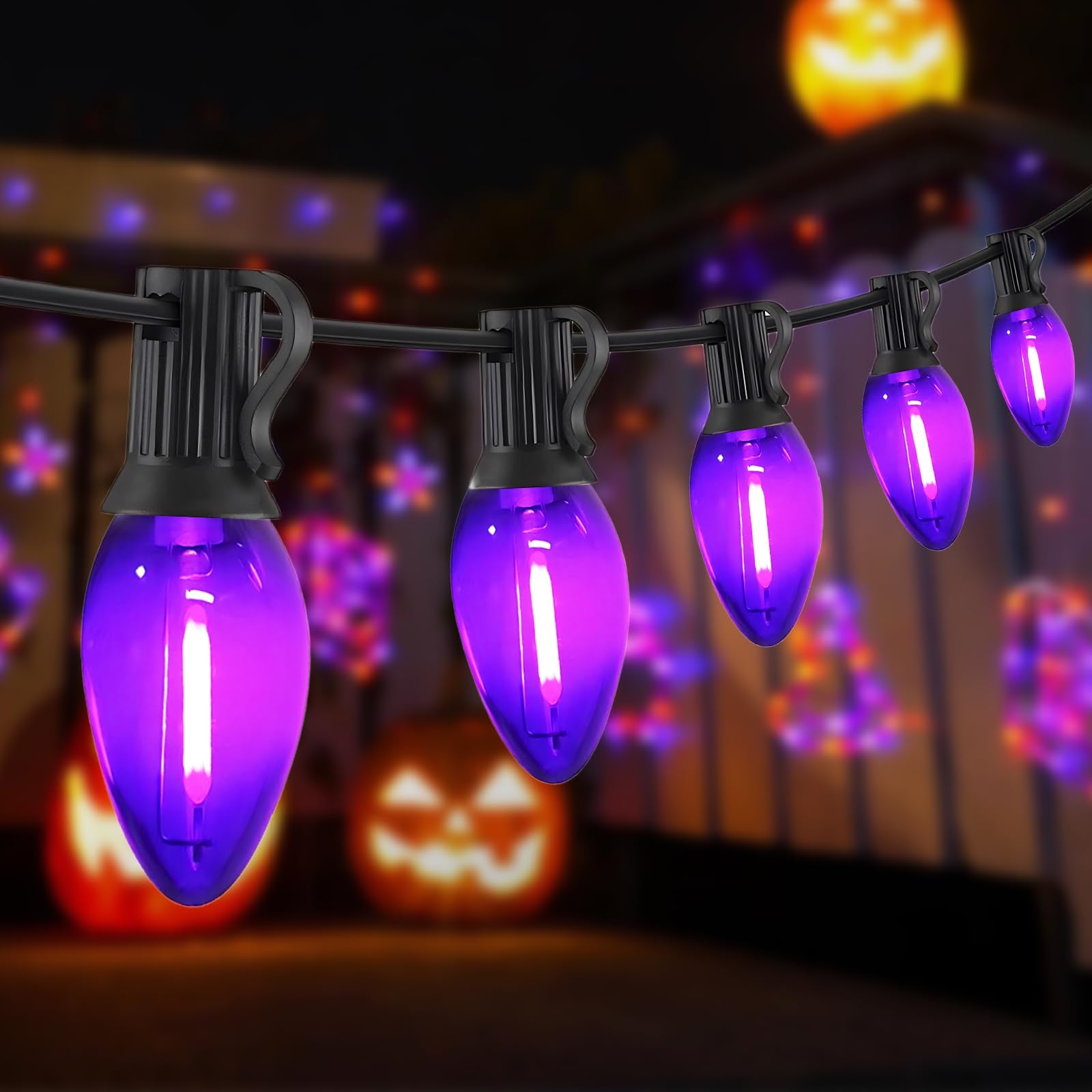 CHYSUPER Purple String Lights, 10FT Outdoor Vintage Christmas Lights, 11 LED Bulbs, Black Wire, Model ULP(7)-GE(10)(0.6W)