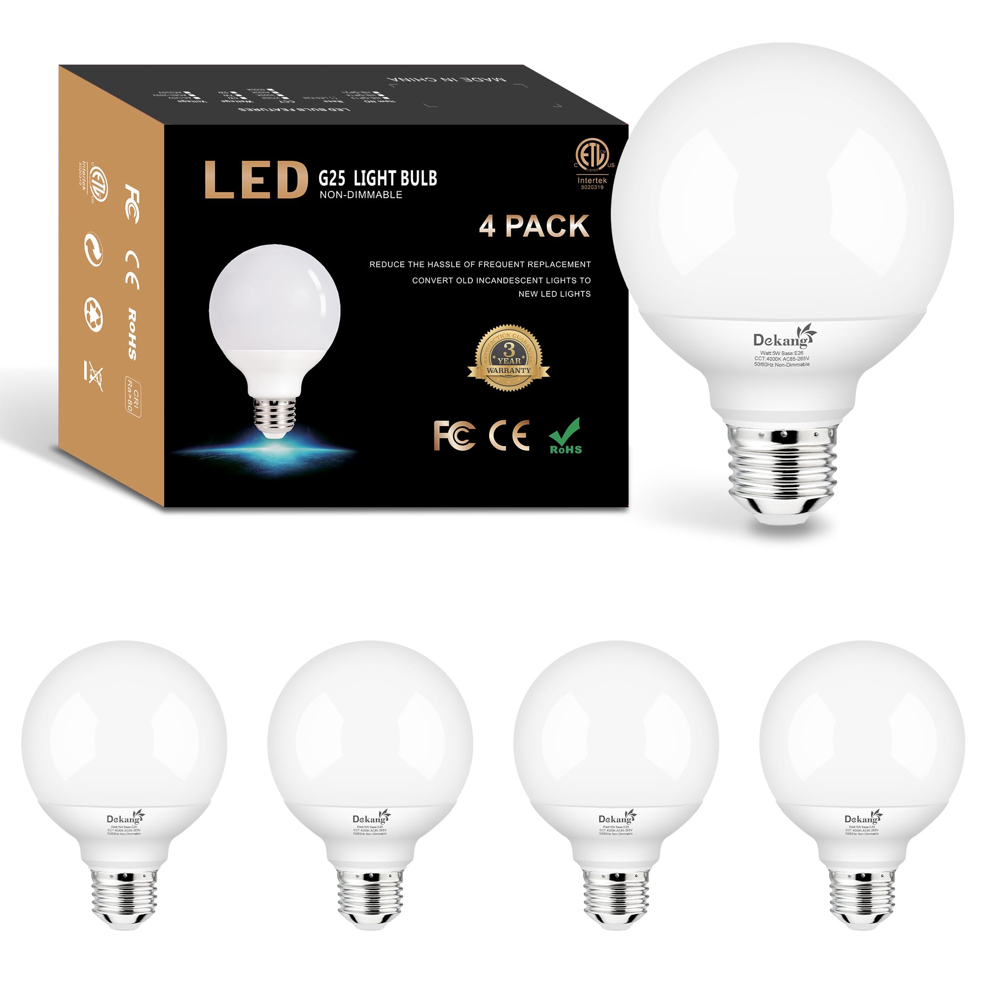 Dekang 4 Pack G25 Led Globe Light Bulbs For Bathroom 4000K Daylight, E26 Base Vanity Light Bulbs 60W Incandescent Equivalent, 5W