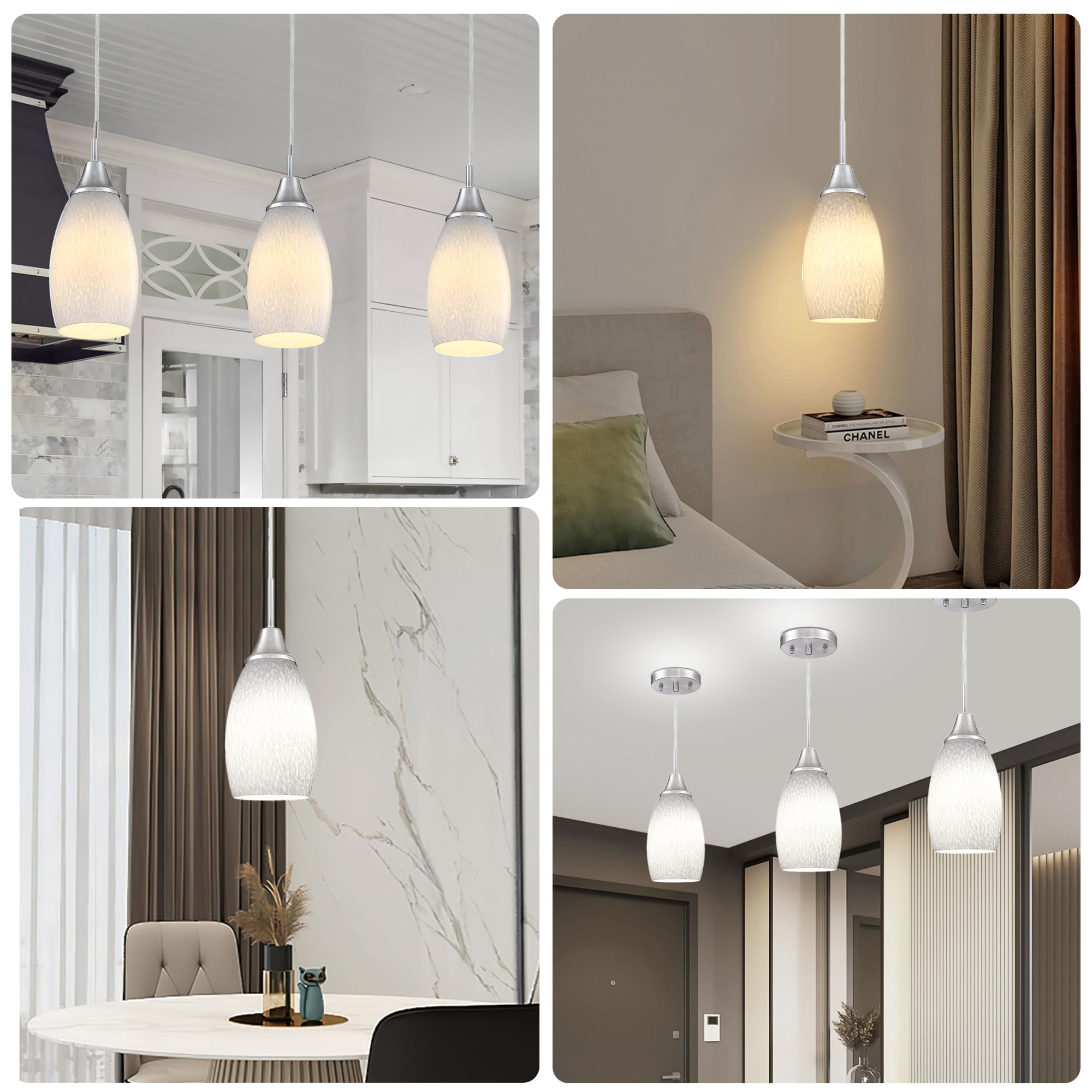 Viinew Mini Glass Pendant Lights 3-Pack With Handblown Milk Creamy Art Glass Pendant Lamp Shade 4.72'' With Adjustable Cord Hang