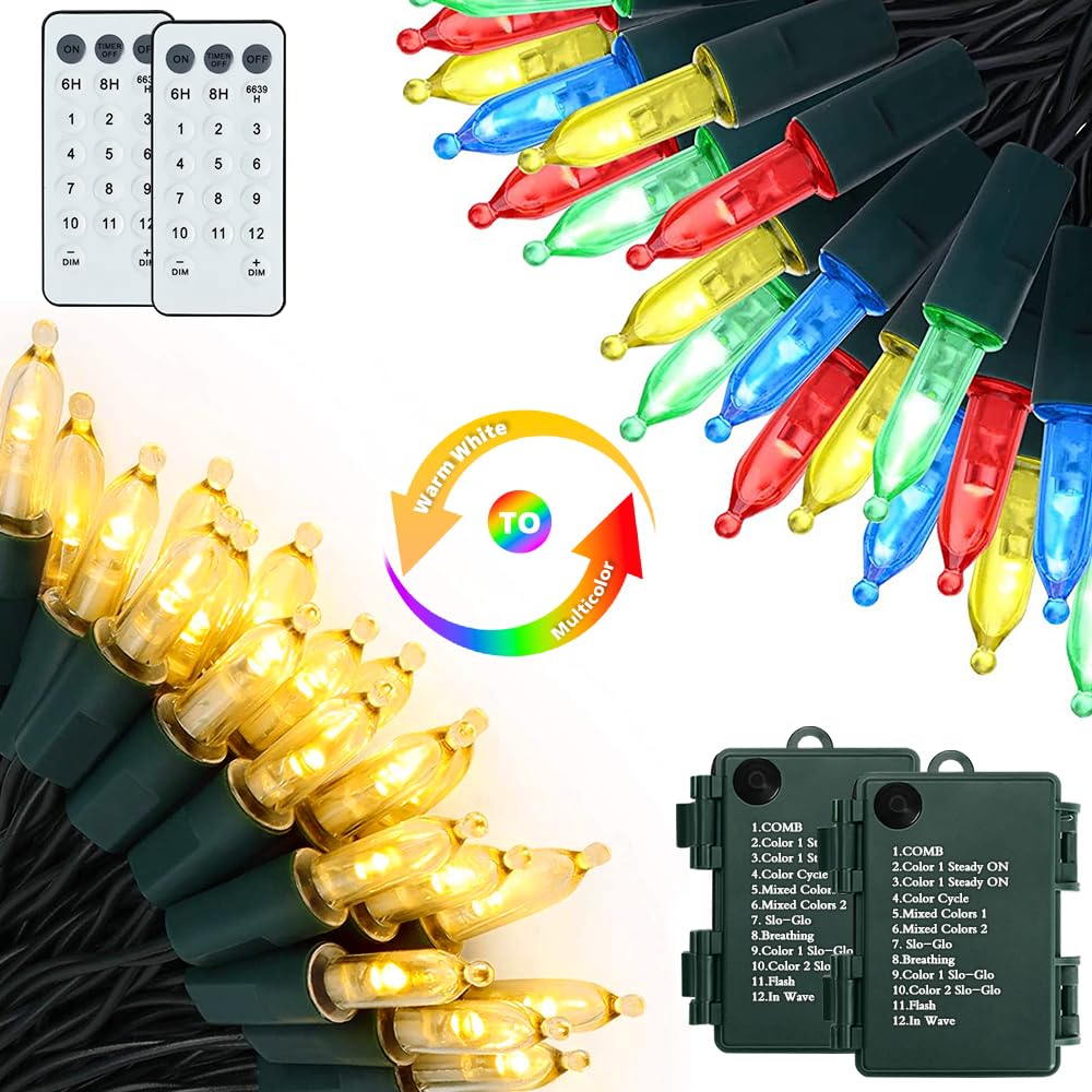 Battery Christmas Lights 2 Pack, 17ft 50 LED Dual Color Changing Mini String Light with 3 Auto-Timer Options and 12 Lighting Mod