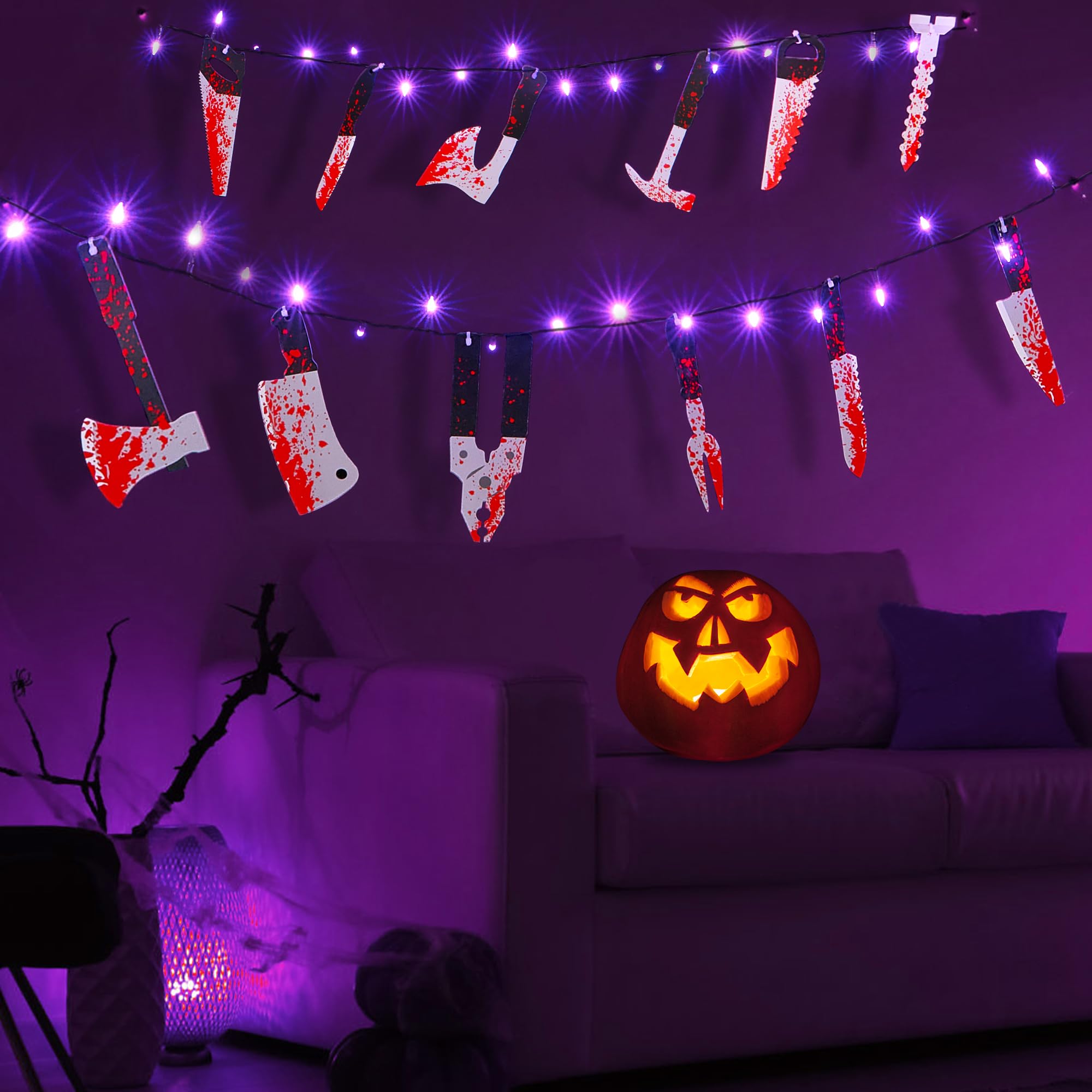 Blctec Scary Halloween Decorations Props, 12 Ft Halloween String Lights With 16 Fake Bloody Knives & 50 Led Purple Big Bulbs, 8 Modes Battery Operated Bloody Party Supplies For Halloween House Décor