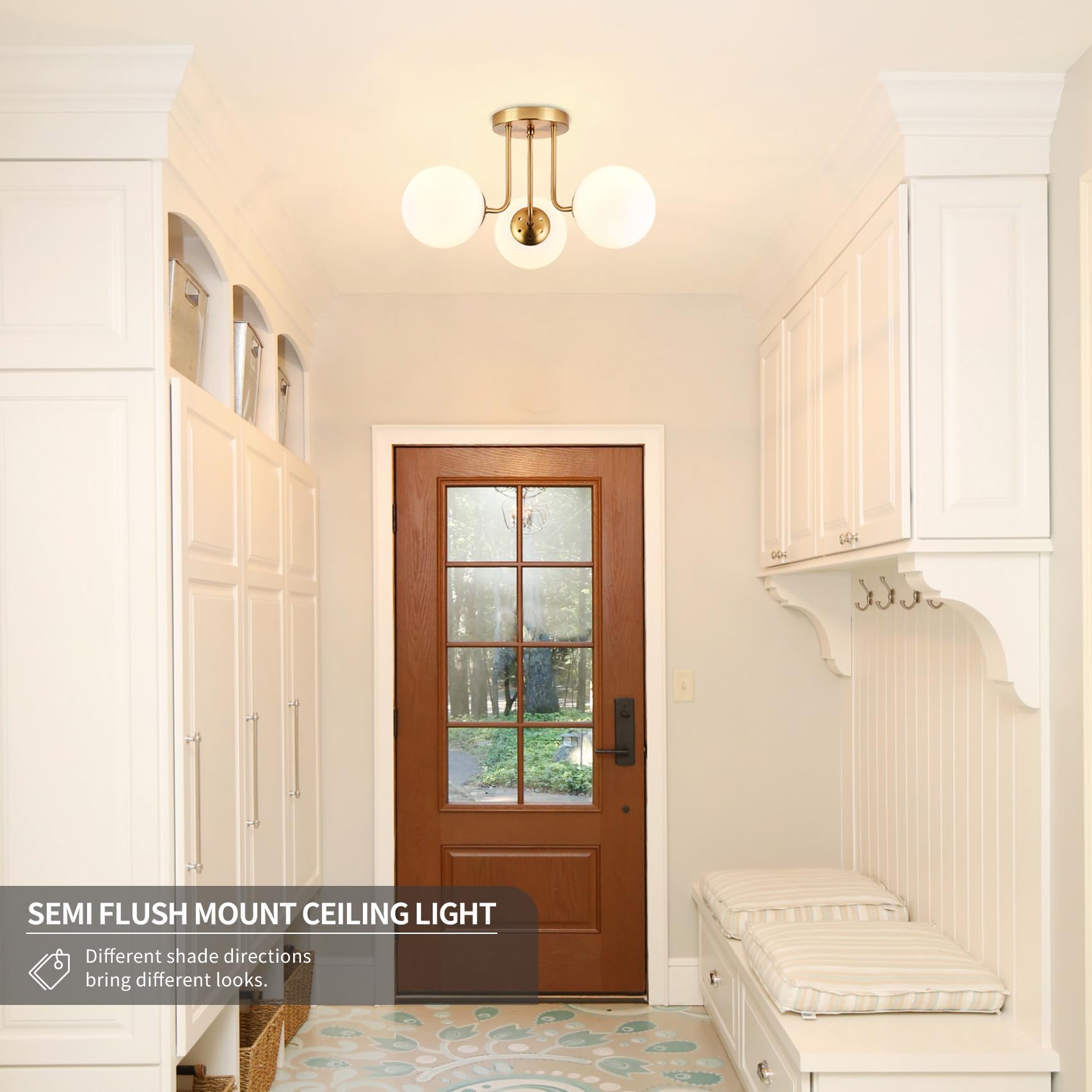 Koko&Yukina 3-Light Semi Flush Mount Ceiling Light Globe Ceiling Light Mid Century Ceiling Light With Opal Milk Glass Globe & Br