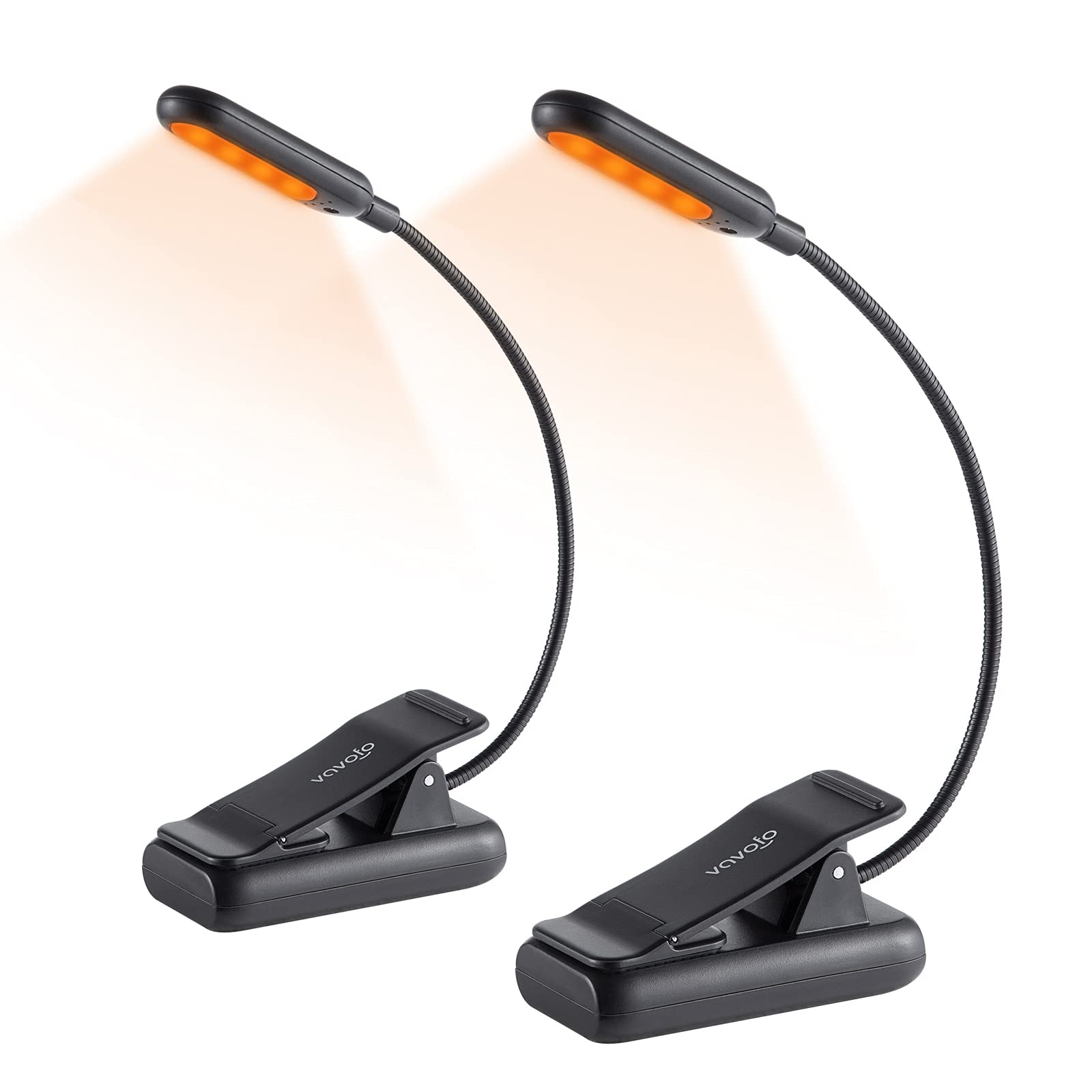VAVOFO Rechargeable Book Lights, 7 LEDs, Eye Care, 9 Colors, 9 Brightness, 2-Pack Black, Model KM-6720A