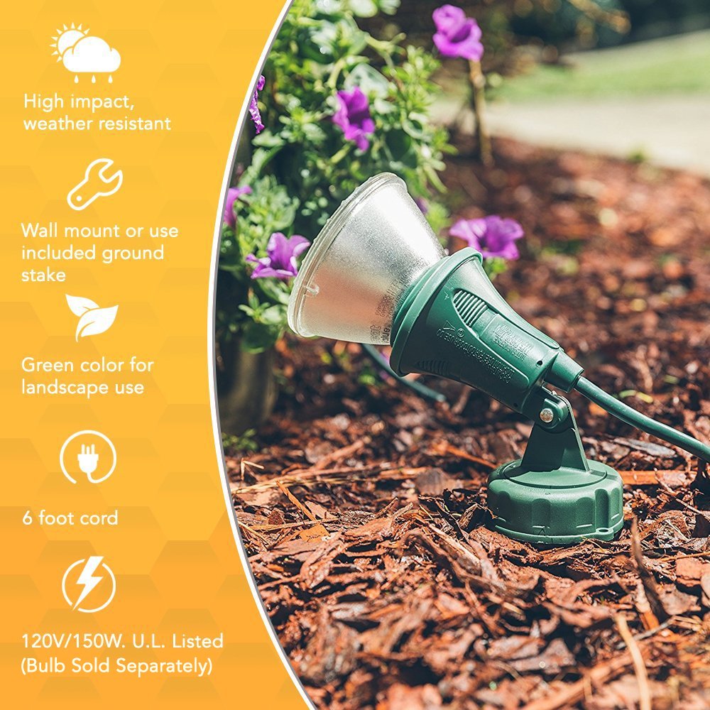 Woods Outdoor Floodlight | Green | 6-Foot Cord | Weather-Resistant | With Ground Stake | Pack of 6