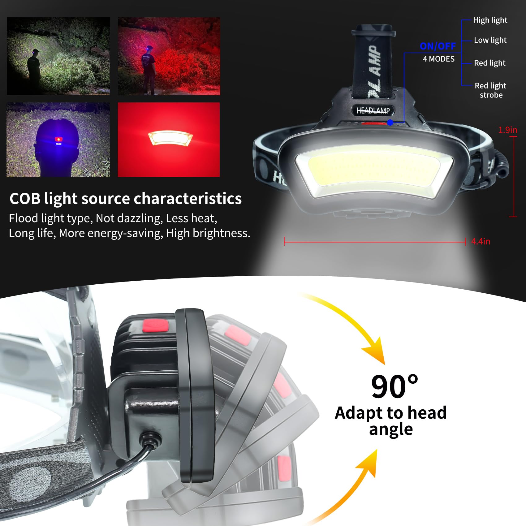 Pzzoe Headlamp Led Headlight Rechargeable 22000 High Lumen Usb Head Light, Head Lamp Cob Floodlight With Red Light For Adults -