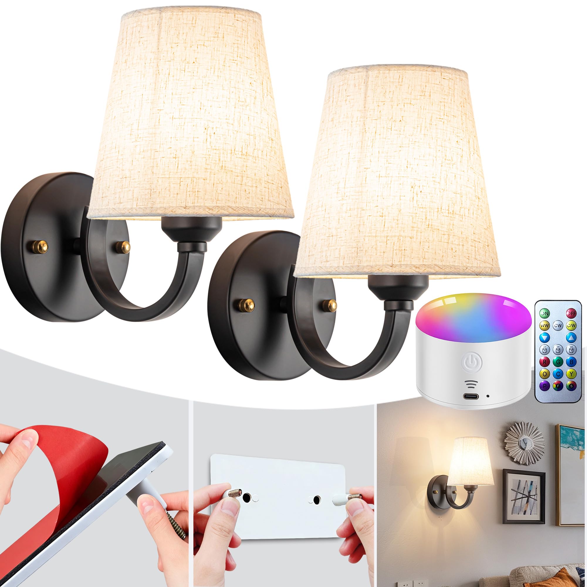 YHCDLAMP Peel and Stick Wall Sconces, No Drilling Stick On Wall Sconce, Wireless Battery Operated Wall Lights, Adhesive Wall Lam