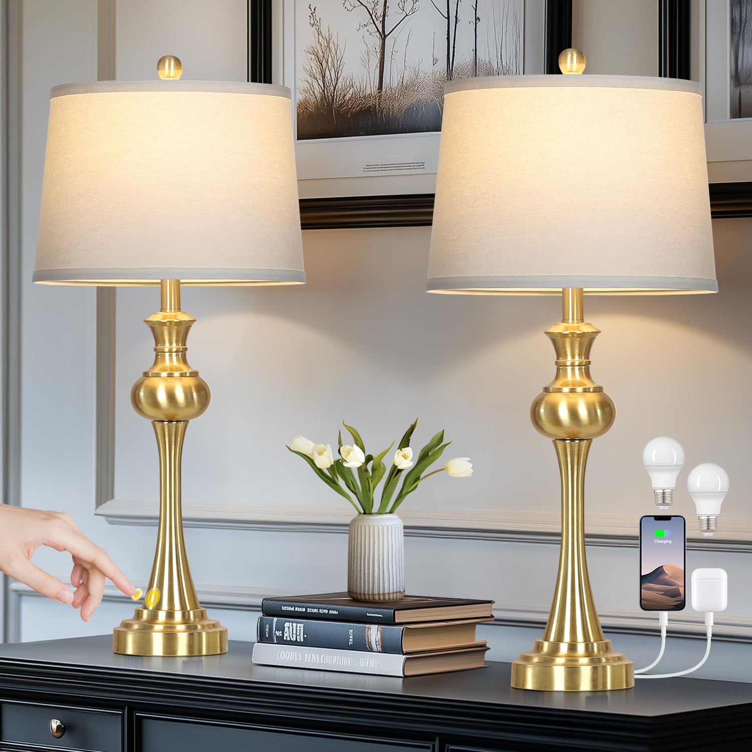 28.75'' Gold Table Lamps for Living Room,Touch Lamps for Bedrooms Set of 2 - Nightstand Table Lamp with USB C+A, 3 Way Dimmable 