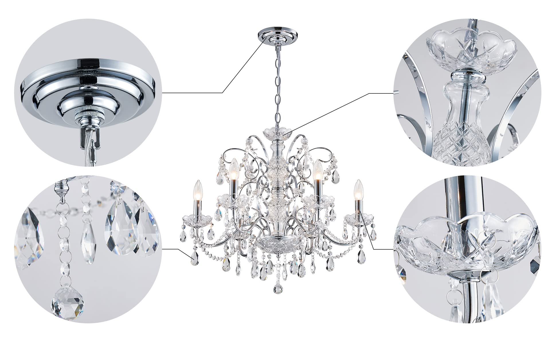 SM Saint Mossi 6-Lights Crystal Chandelier, Modern Pendant Light Fixture, Adjustable Chain, H22 x D24, Clear-Chrome, Suitable for Bedroom/Living Room