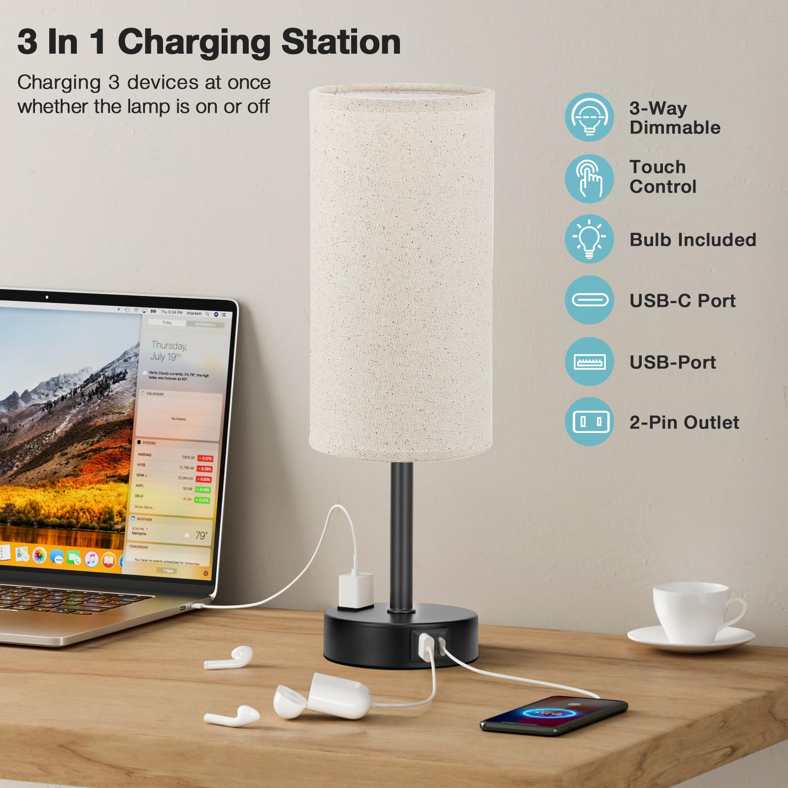 Fenmzee Grey Bedside Table Lamp For Bedroom - 3 Way Dimmable Touch Lamp Usb C Charging Ports And Ac Outlet, Small Lamp For Livin