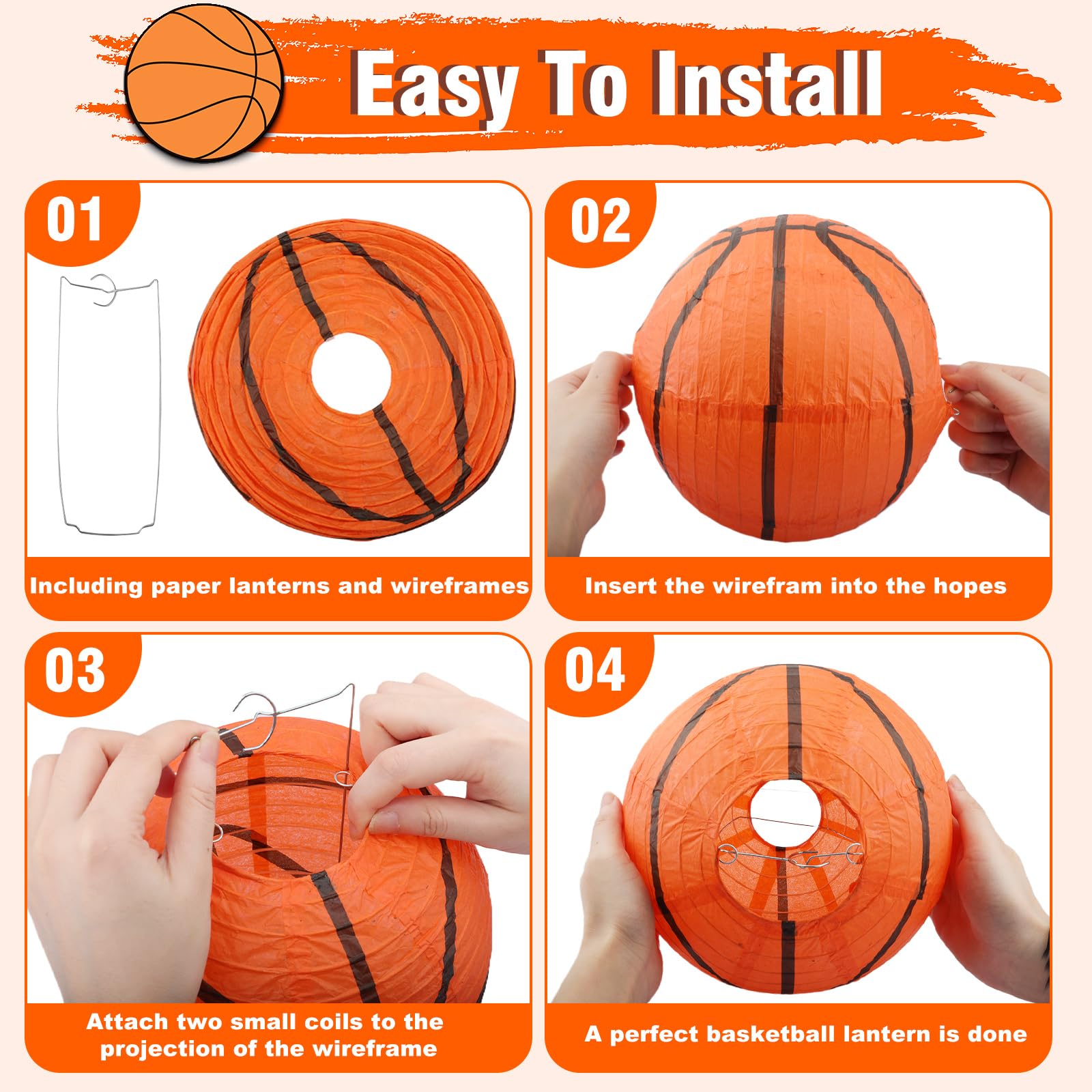SAYAYA Basketball Paper Lanterns, 24 Pieces, 8 Inch, Orange Hanging Decor for Sports Parties, March Madness, Birthdays, Baby Showers