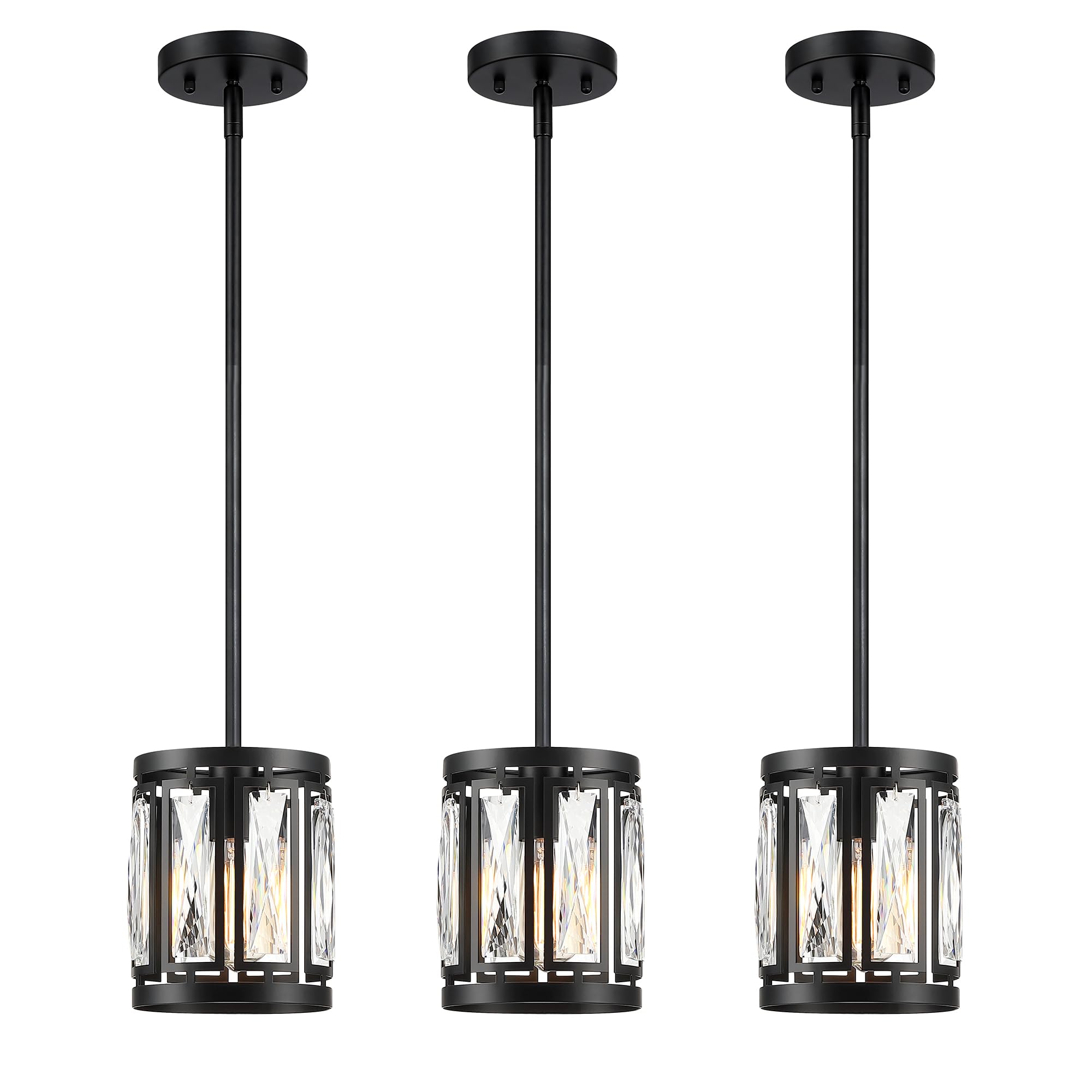 Crystal Pendant Lighting Fixture Matte Black Drum Shade Chandelier,3-Pack Pendant Lights For Kitchen Island Modern Ceiling Light