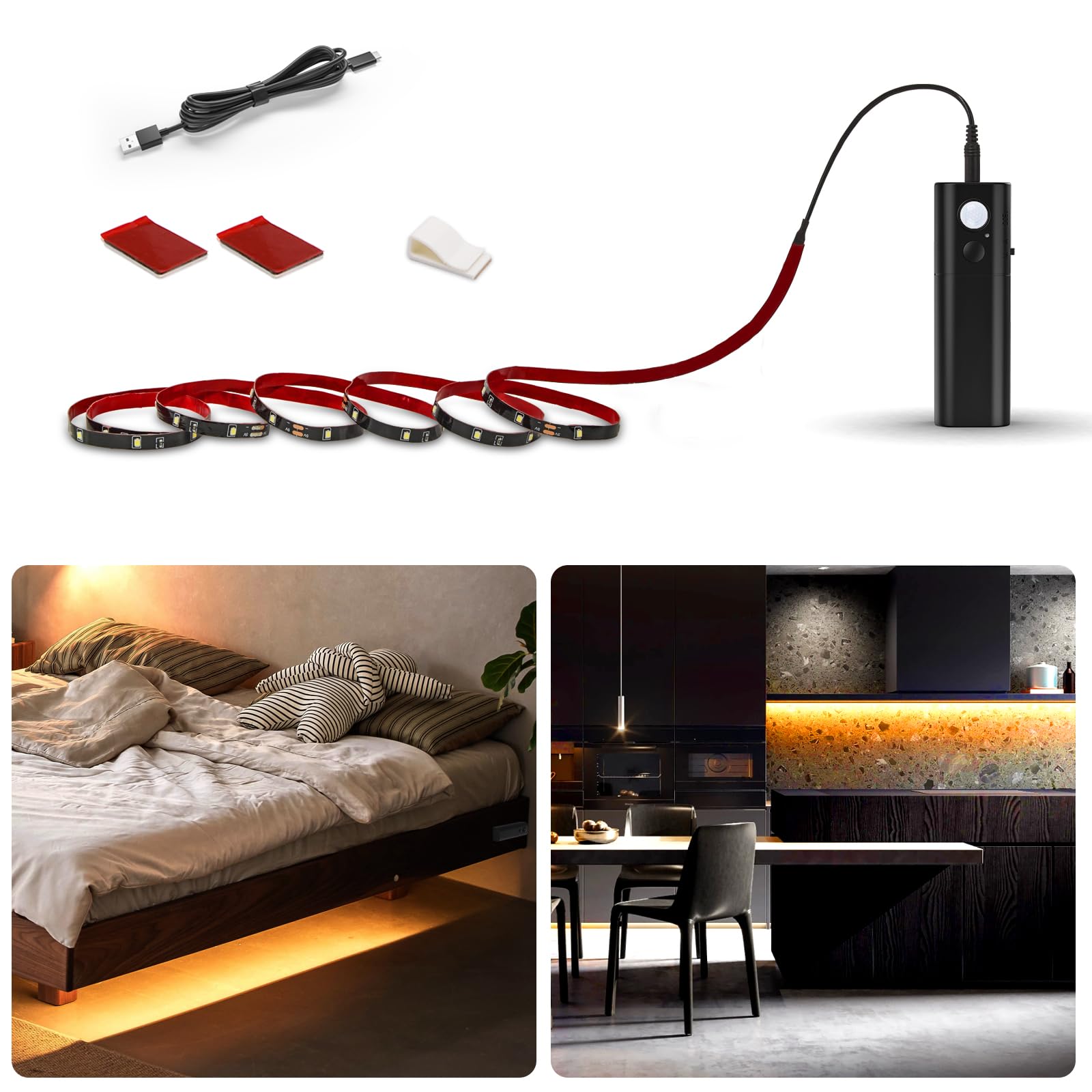 WOBANE Motion Activated LED Strip Light, Rechargeable Magnetic Battery Box with 6.56ft LED Strip,60 LEDs Homelife Sensor Bar for