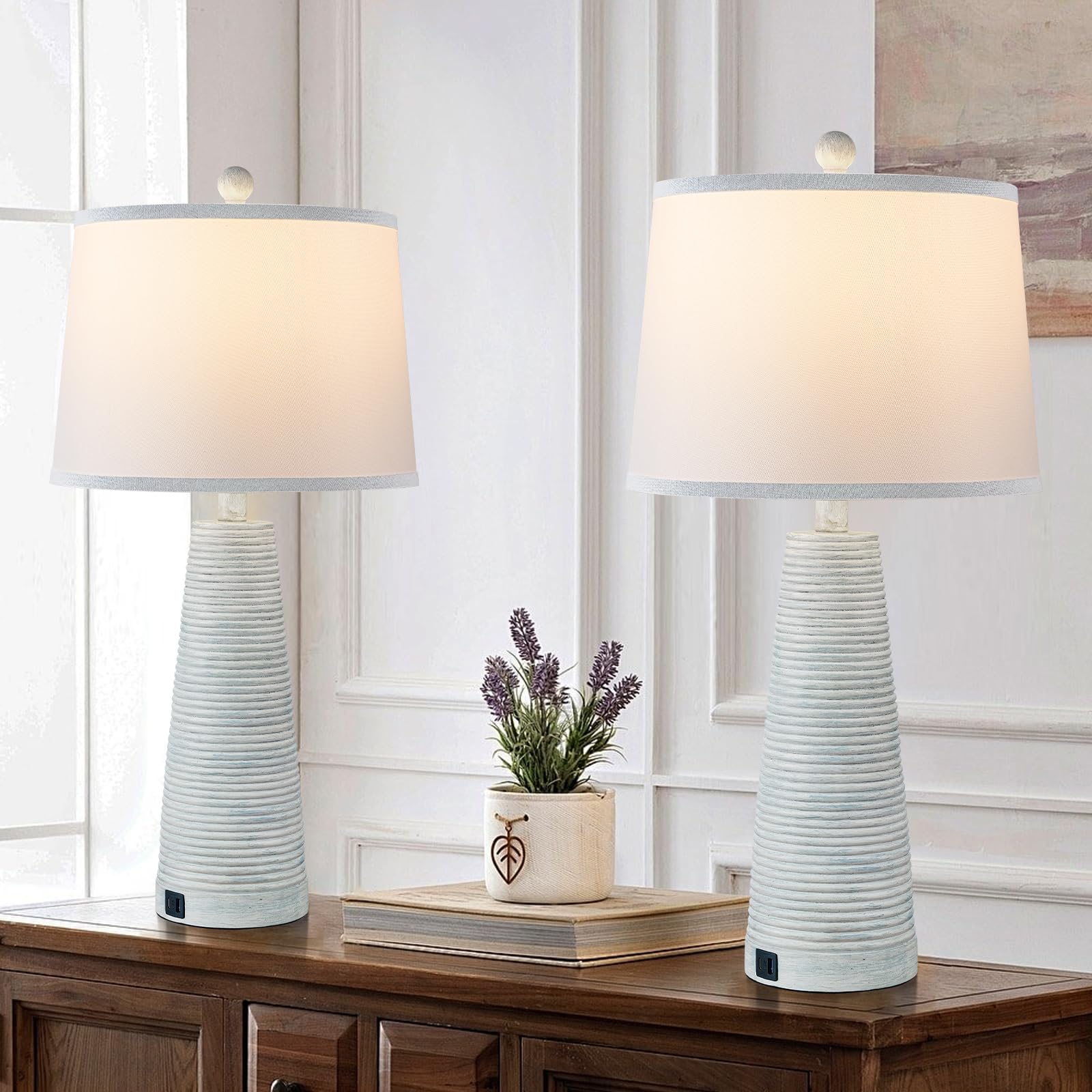 Nightstand Lamp Desk Lamp Vintage Bedside Lamps Set of 2 Rustic Farmhouse Table Lamps 3 Way Dimmable Horizontal Stripe Light,Sui