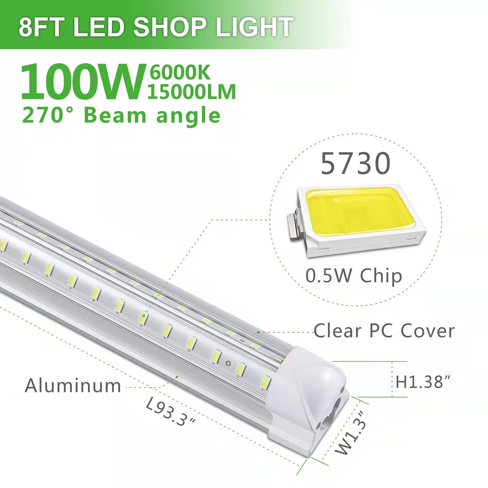 Skymoatled 4Pack 8Ft Led Shop Light Garage Lights,100W 6000K 15000Lm White Light,Hanging/Surface Mount,Plug And Play,Linkable Le