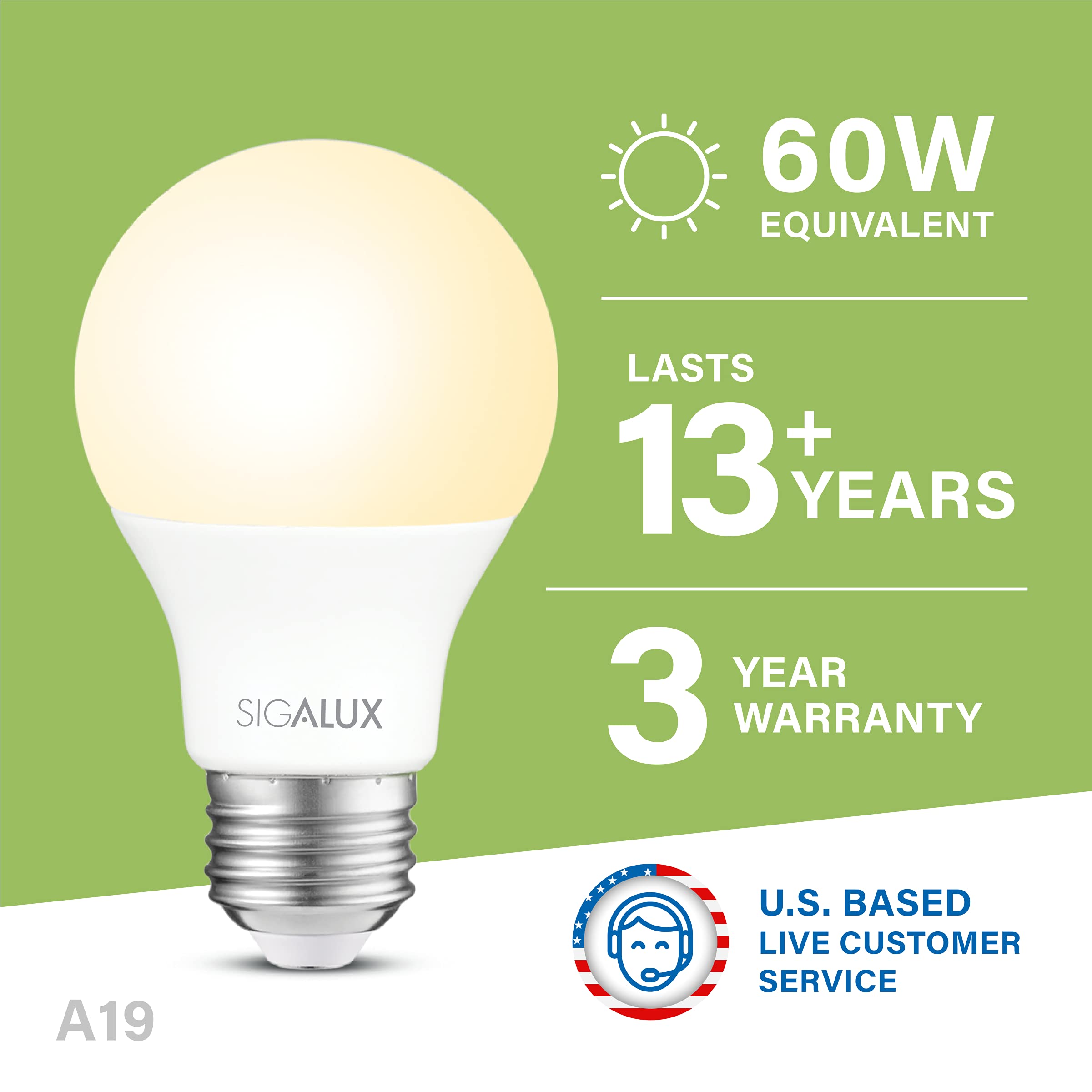 Sigalux A19 LED Light Bulb, 60W Equivalent, Soft White 2700K, 9.5W, Non-Dimmable, E26 Base, UL Listed,