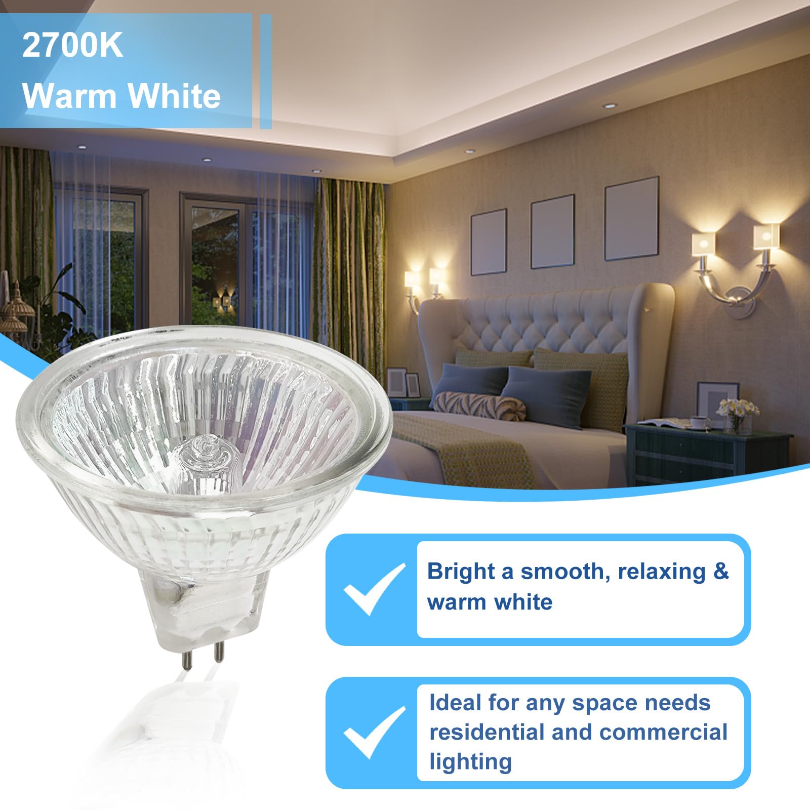 Weshlmpo Mr16 Halogen Light Bulb 2 Pin 50W 12V, High Output Gu5.3 Base For Landscape Lights, Track Lights, Fiber Optics, Desk La