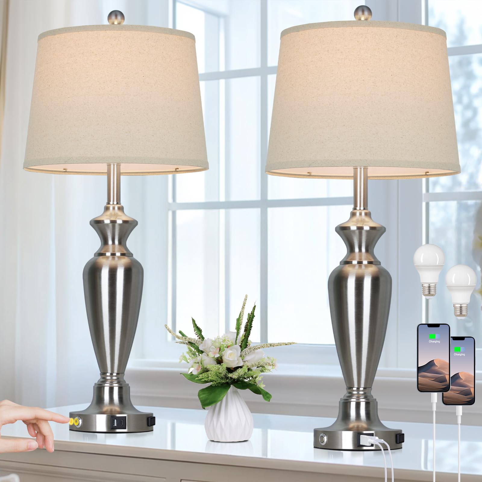 Cinyirong 30 Tall Silver Table Lamps Set of 2 for Living Room, 3-Way Dimmable Touch Control Bedside Lamps for Bedroom Nightstand