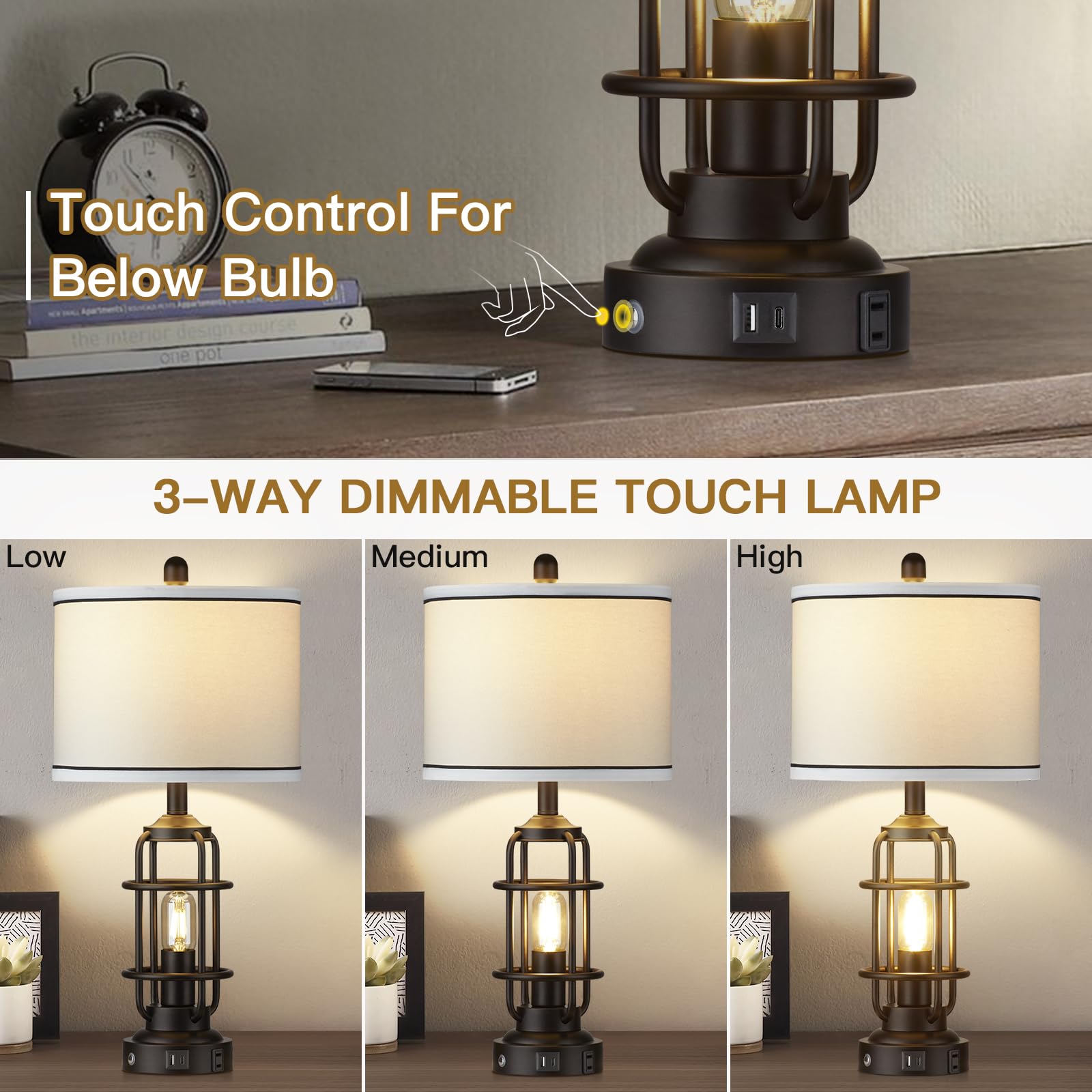 Modern Table Lamps, Industrial 3-Way Dimmable Bedside Lamp With Usb A+C Ports & Ac Outlet, Touch Control Rustic Nightstand Lamp Led Night Light For Living Room Bedroom Decor Home(4 Bulbs Included)